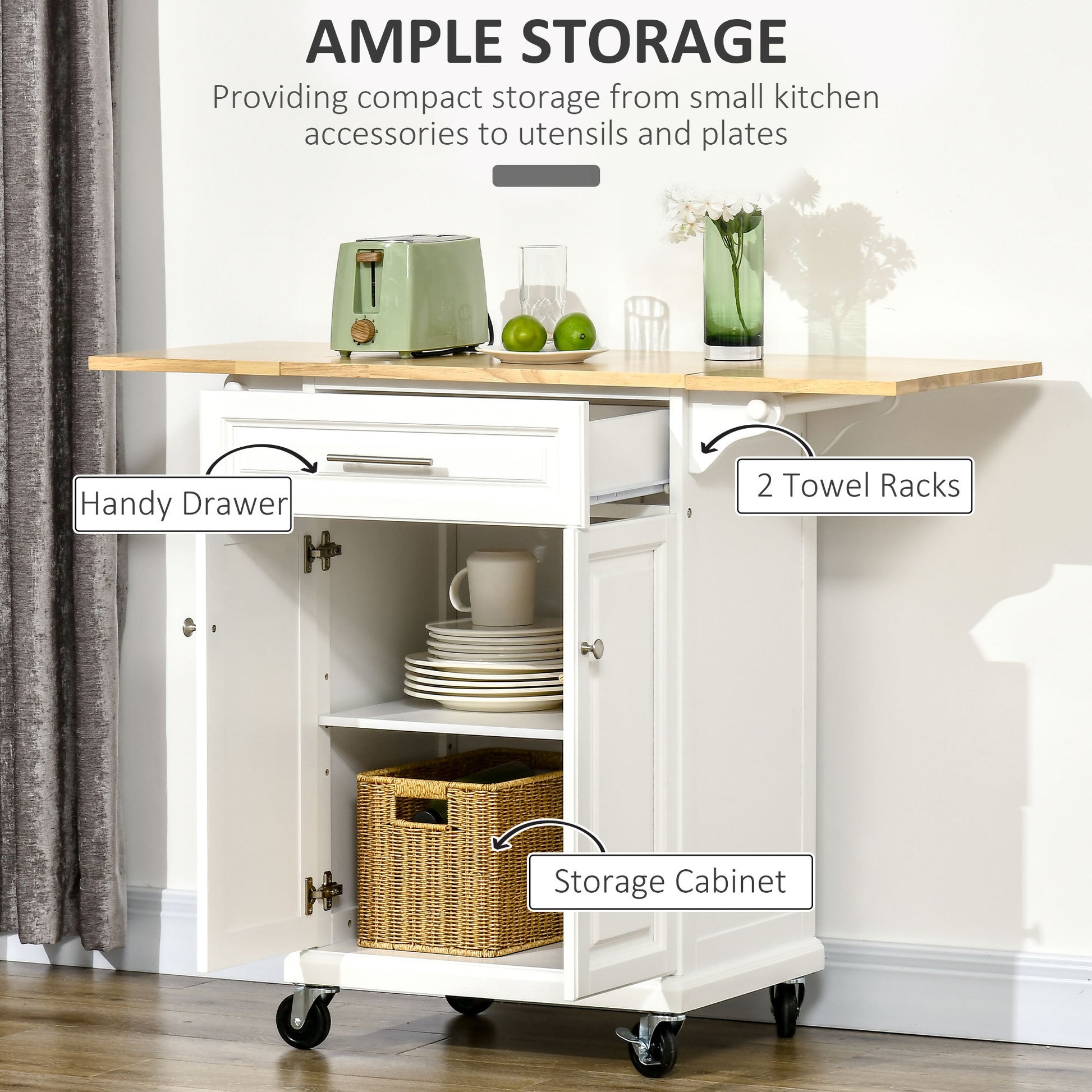 Homcom Kitchen Island With Drop Leaf Trolley Cart On Wheels Drawer Cabinet Towel Racks Versatile Use Natural Wood Top And White White Mdf