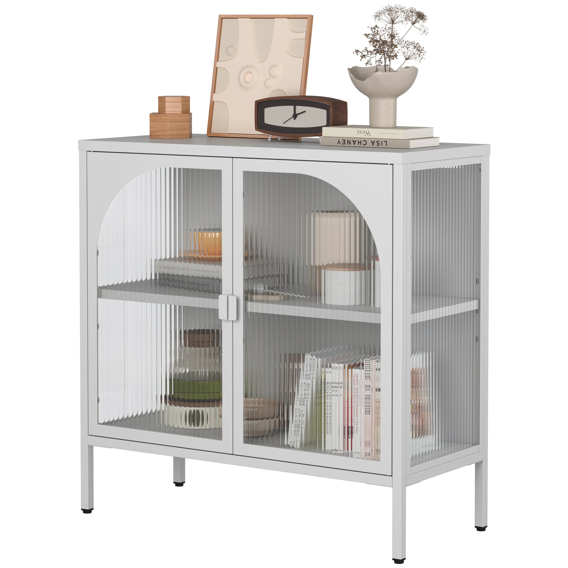 Metal Sideboard Cabinet,Accent Storage Cabinet With 2 Glass Doors,Modern Coffee Bar Cabinet With Adjustable Shelves 154 Lbs Capacity For Kitchen, Living Room And Hallway, White Accent Chests 1 2 Shelves Antique White Primary Living Space Glass Doors