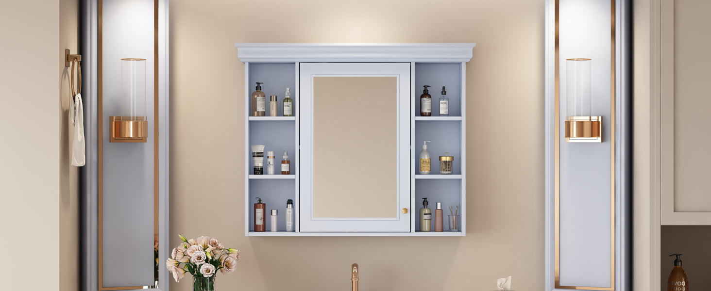 35'' X 28'' Blue Wall Mounted Bathroom Storage Cabinet With Mirror Door, Modern Bathroom Wall Cabinet With Mirror, Medicine Cabinet With 6 Open Shelves Blue 1 Adjustable Shelves Wall Mounted Luxury Mdf Glass Painted