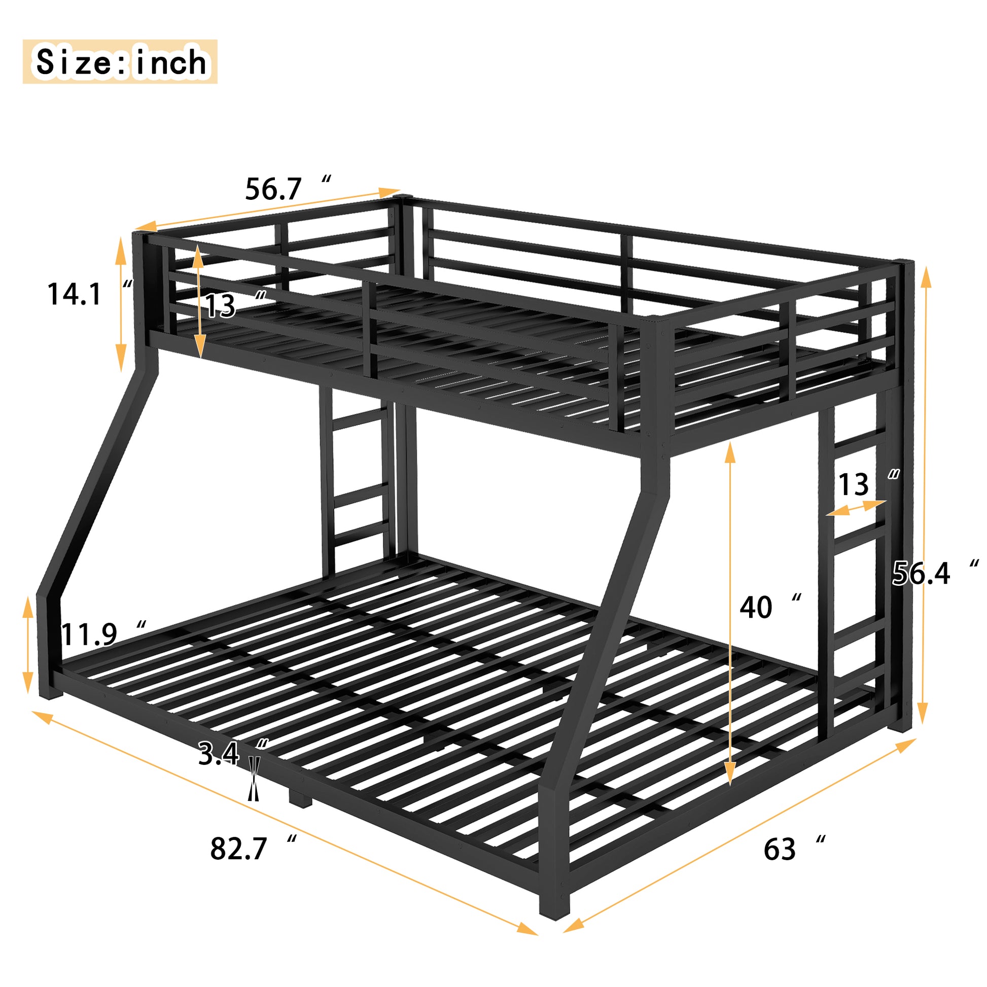 Metal Full Xl Over Queen Bunk Bed For Teens And Adults, Noise Reduced No Box Spring Needed, Black Full Xl Black Metal