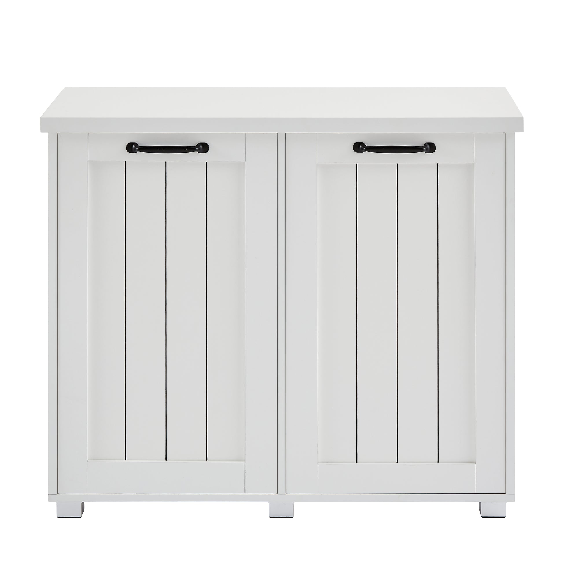 Two Compartment Tilt Out Trash Cabinet, Pet Proof Kitchen Trash Cabinet With Cutting Board, Free Standing Laundry Sorter Cabinet, Laundry Hamper, White White White Particle Board