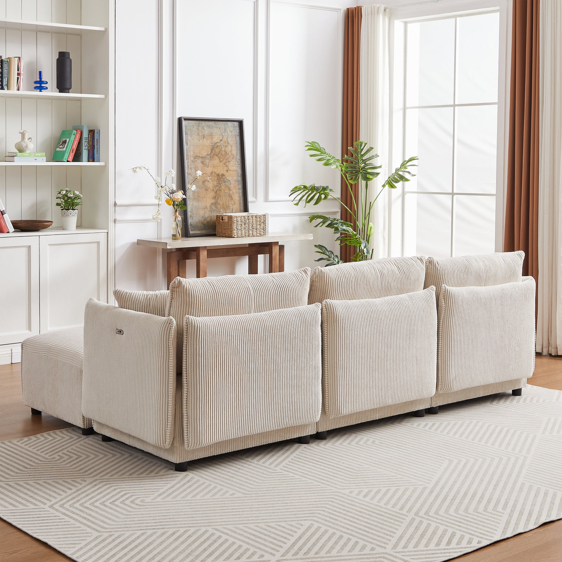 106" Multi Module Combination Style Sofa For Living Room, Bedroom And Other Lounge Spaces, Modern Minimalist Corduroy Combination Sofa With 2 Comfort Cushions With Usb & C Charging Ports,Beige Beige Foam Fabric 4 Seat