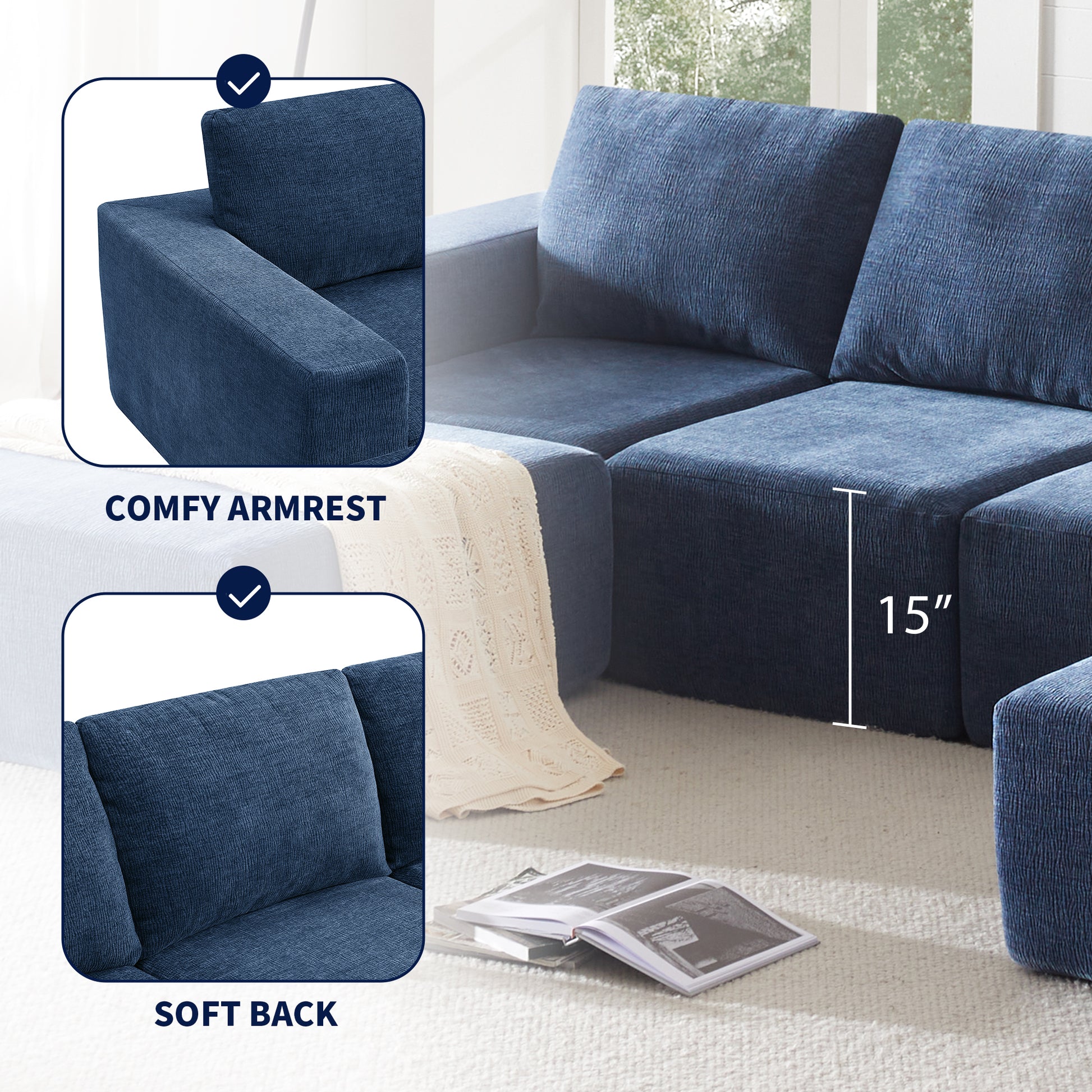 110*72" Modular U Shaped Sectional Sofa,Luxury Chenille Floor Couch Set,Upholstered Indoor Furniture,Foam Filled Sleeper Sofa Bed For Living Room,Bedroom,Free Combination,3 Colors Navy Polyester 6 Seat