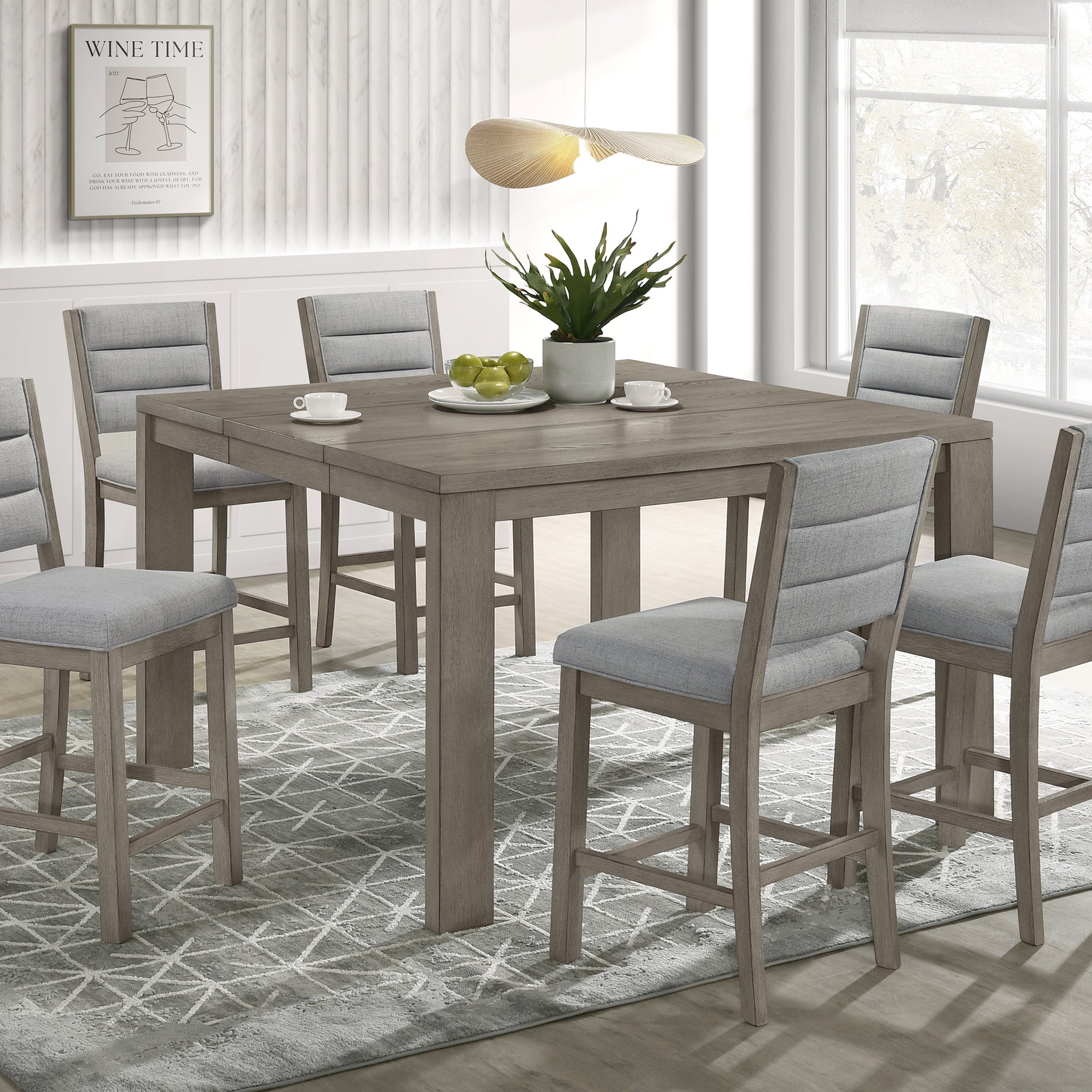 7Pc Dining Set Contemporary Farmhouse Style Counter Height 18" Expandable Leaf Table Gray Finish Upholstered Chairs Wooden Solid Wood Dining Room Kitchen Furniture Upholstered Chair Wood Brown Gray