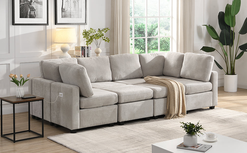 103" Sectional Sofa Couch Sofa Bed U Shaped Sofa With Two Movable Ottoman And Three Usb Ports For Living Room, Grey Grey Foam Chenille 6 Seat