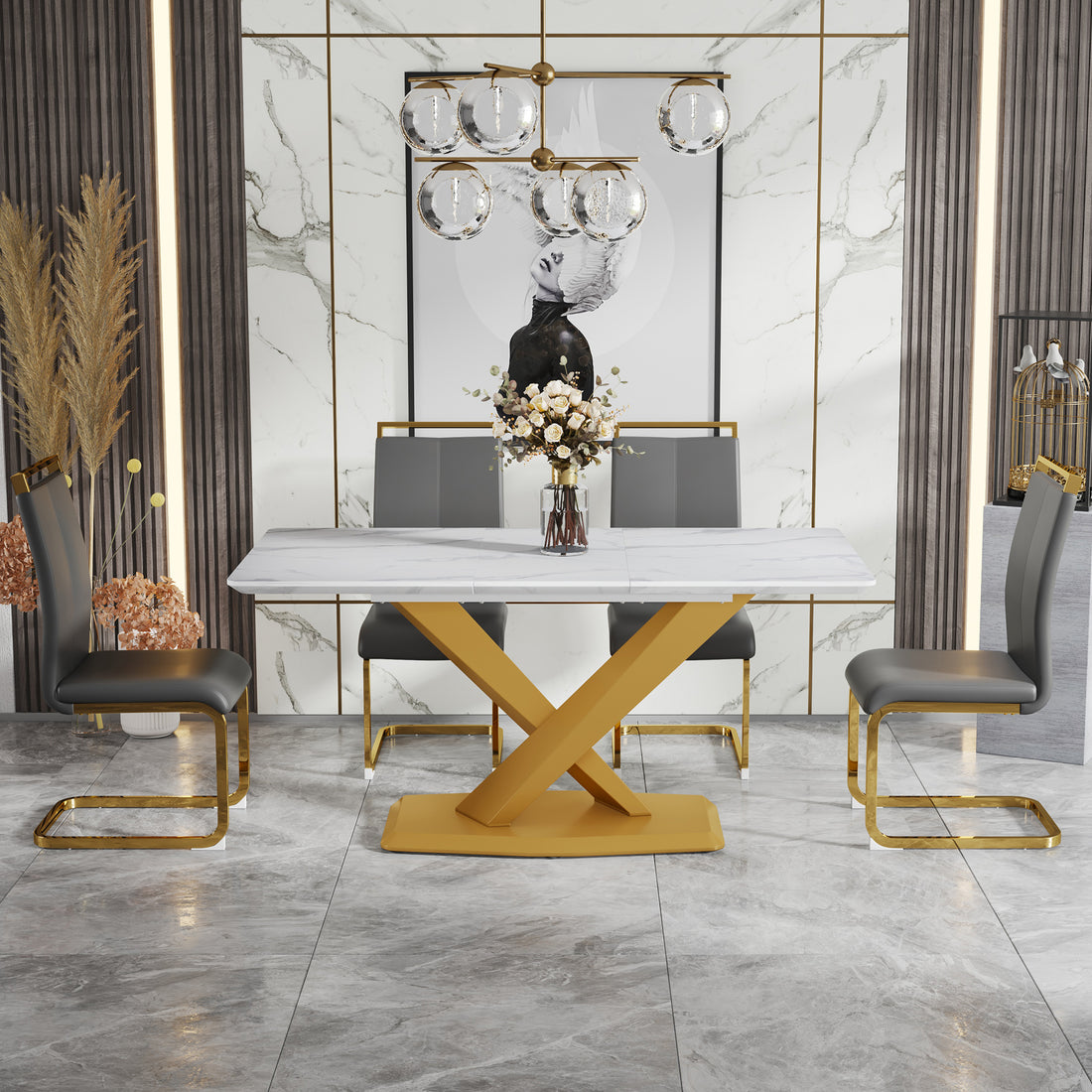 Table And Chair Set, The Table Is Equipped With A Marble Patterned Mdf Tabletop And Gold Table Legs.The Chair Is Equipped With Pu Synthetic Leather High Back Cushion And Gold Coated Metal Legs. Grey Gold Seats 4 Mdf Metal