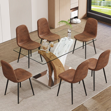 Table And Chair Set.Modern Dining Table, Tempered Glass Countertop With Artistic Mdf Legs.Paried With 6 Brown Chairs With Soft Linen Fabric Cushions And Black Metal Legs.Suitable For Various Styles. Black Brown,Transparent Seats 6 Mdf Metal