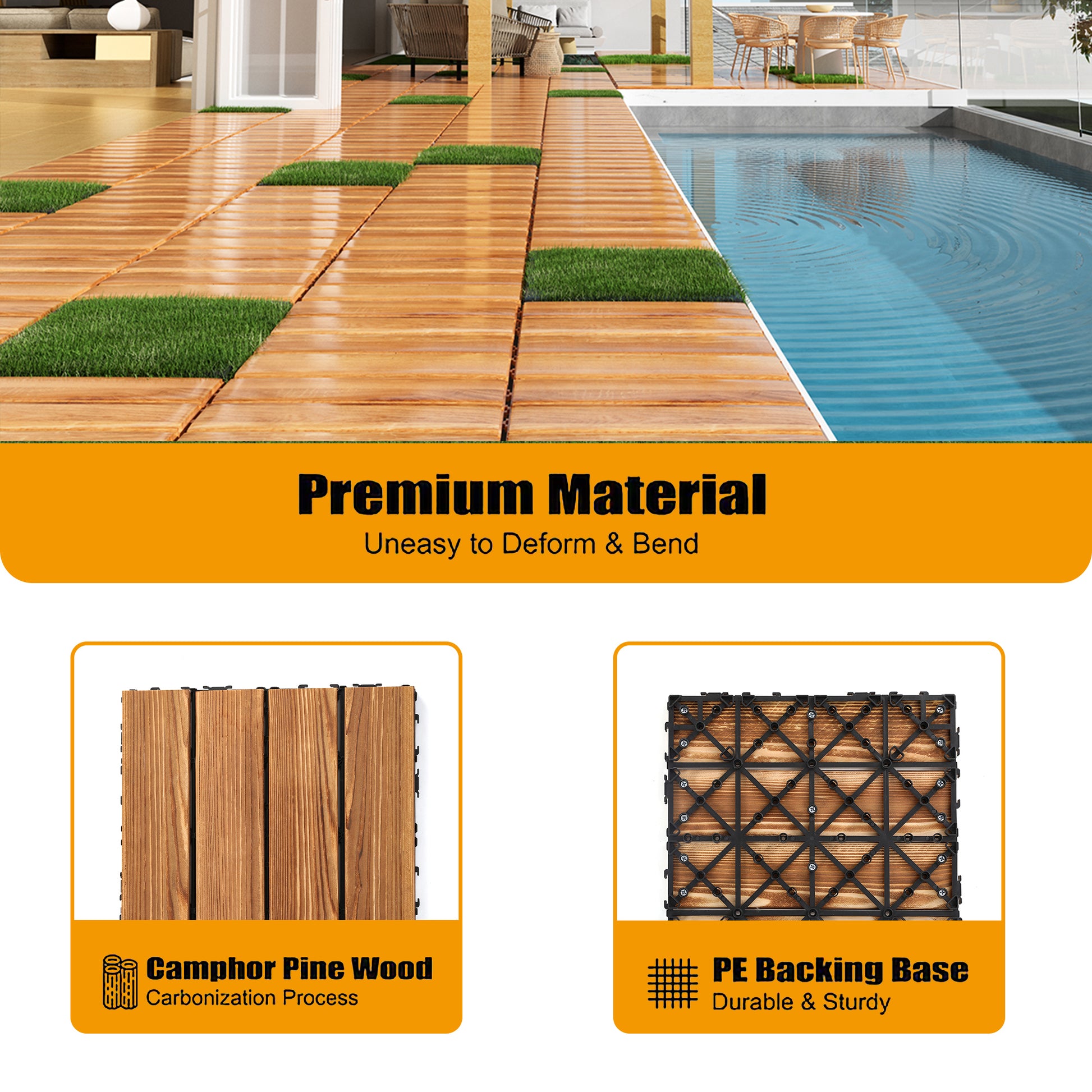 36Pcs Diy Wood Plastic Carbonized Floor, 8Pcs Simulated Lawn, Waterproof And Sunscreen Transform Your Outdoor Space Wood Wood Plastic