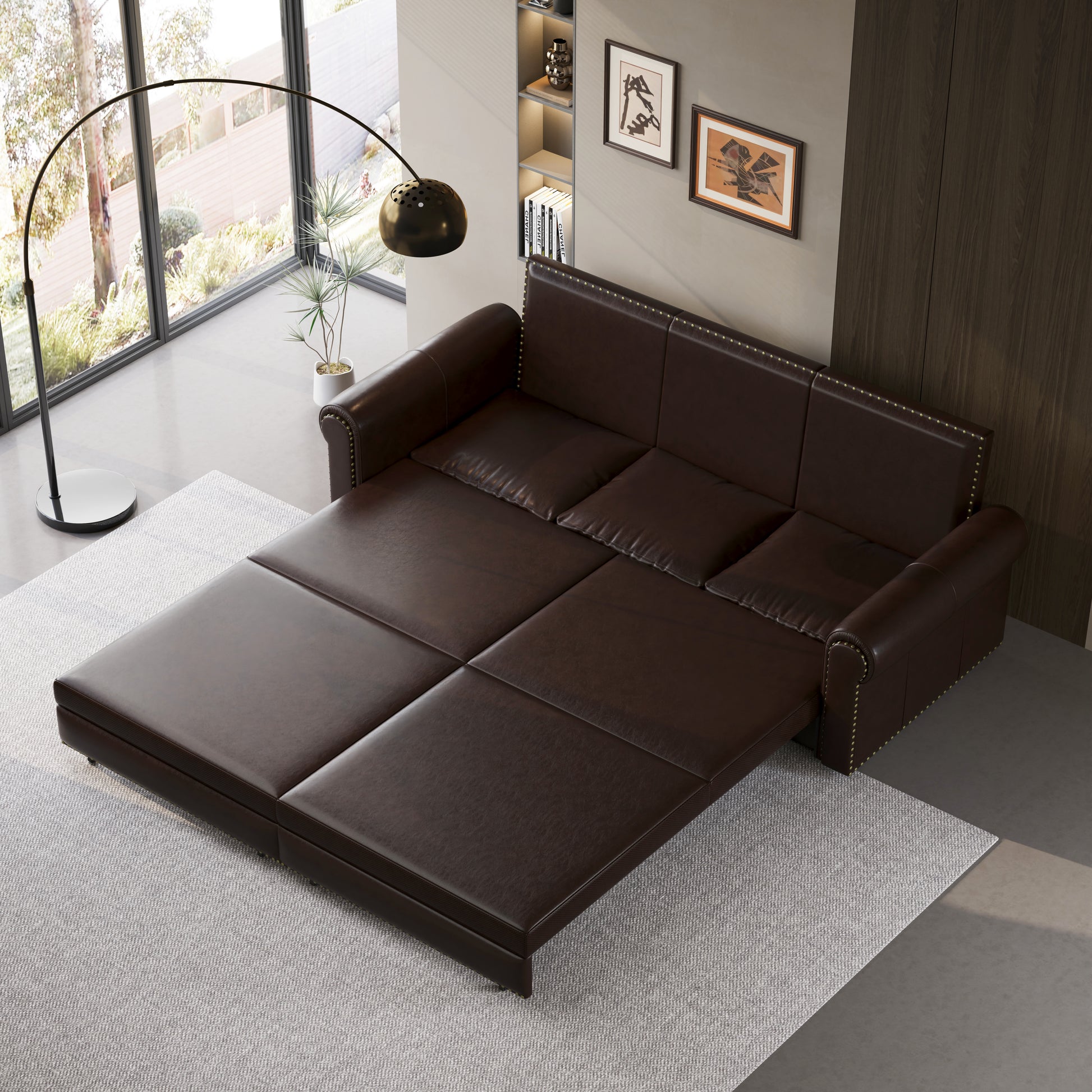 Chesterfield Sofa,93.7" King Pull Out Sofa Bed, 3 In 1 Faux Leather Convertible Sleeper Sofa With Trim & Rolled Arm,Multi Functional Sofa Bed For Living Room,Bedroom,Apartment,Office Dark Brown Faux