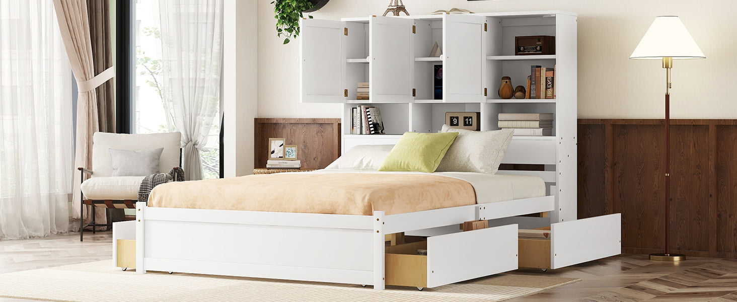Queen Size Platform Bed With Storage Headboard And 4 Drawers, White Box Spring Not Required Queen White Wood Bedroom Bed Frame Solid Wood Mdf