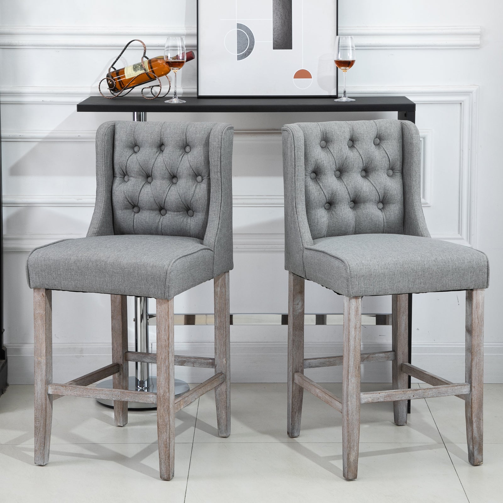 Homcom 26.25" Counter Height Bar Stools, Tufted Wingback Armless Upholstered Dining Chair With Rubber Wood Legs, Set Of 2, Gray Gray Wood