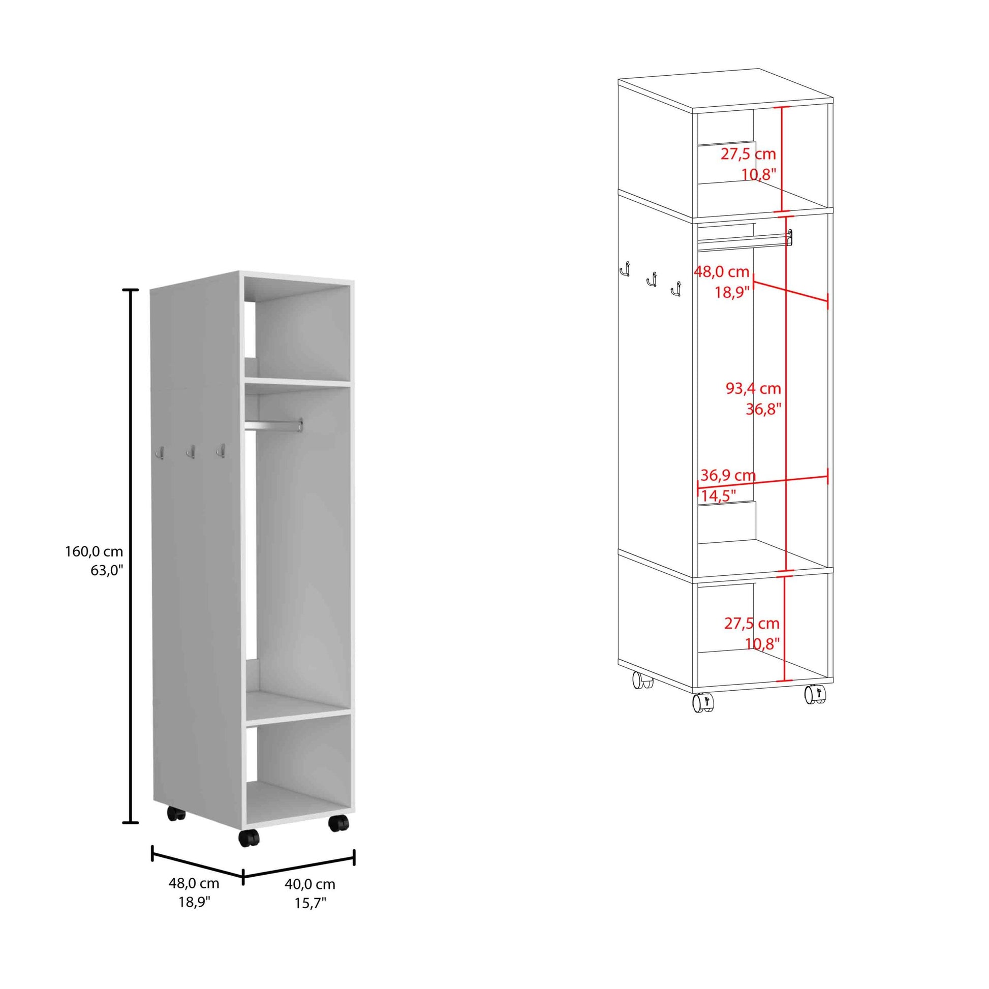 Cluster 63" Tall Wardrove With Mirror, Three Shelves, Casters And Hanging Rod, Armoire, Bedroom Clothes Storage, Cabinet Organizer White Bedroom Modern Particle Board