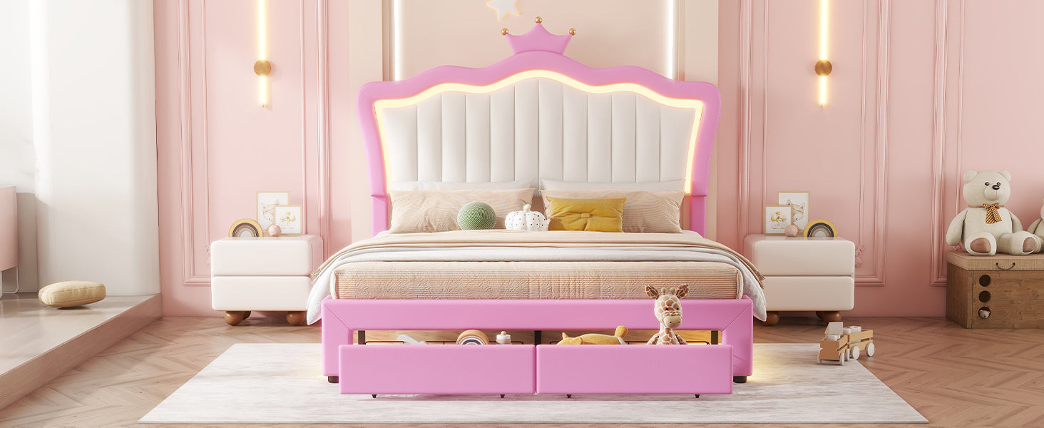 Full Size Upholstered Bed Frame With Led Lights, Modern Upholstered Princess Bed With Crown Headboard, 2 Drawers, Pink White Box Spring Not Required Full Pink White Wood Bathroom Modern Bed Frame Pu