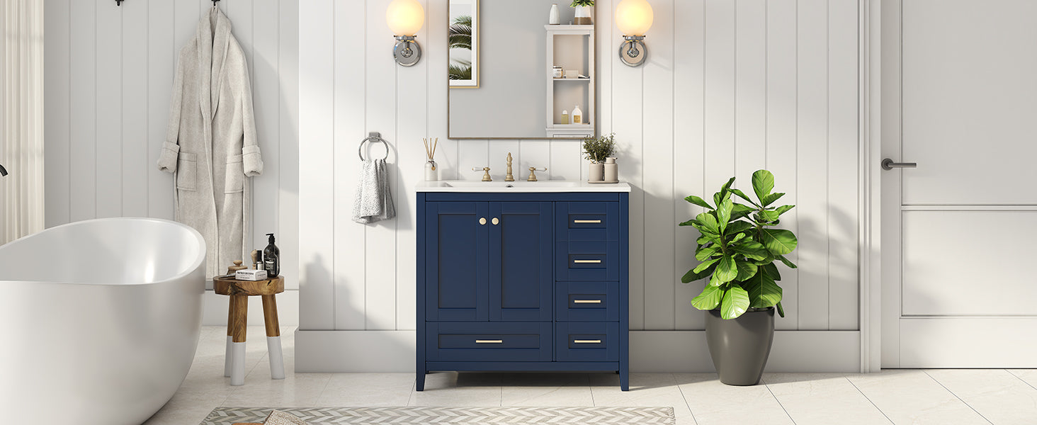 36'' Bathroom Vanity With Sink Combo Set, Modern Bathroom Cabinet With 4 Drawers, Freestanding Wood Bathroom Vanity Set With Solid Wood Feet, Blue 4 Blue 2 Adjustable Hinges Bathroom Freestanding Modern Solid Wood Mdf Resin Painted