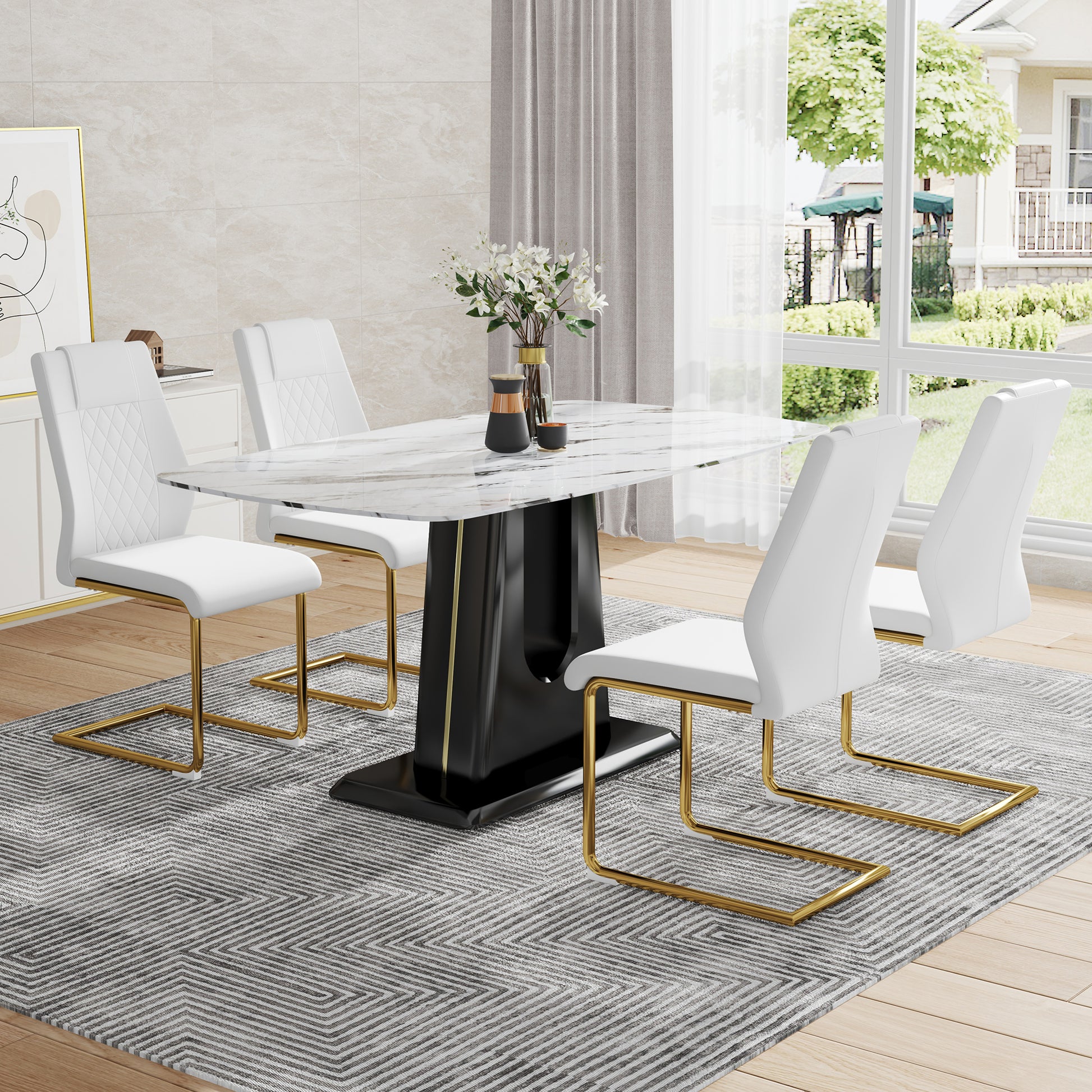 Table And Chair Set, Modern And Minimalist Dining Table, Imitation Marble Patterned Tabletop, Mdf Legs With U Shaped Brackets. Paired With Comfortable Chairs, Suitable For Dining And Living Rooms. Black Gold Mdf Glass