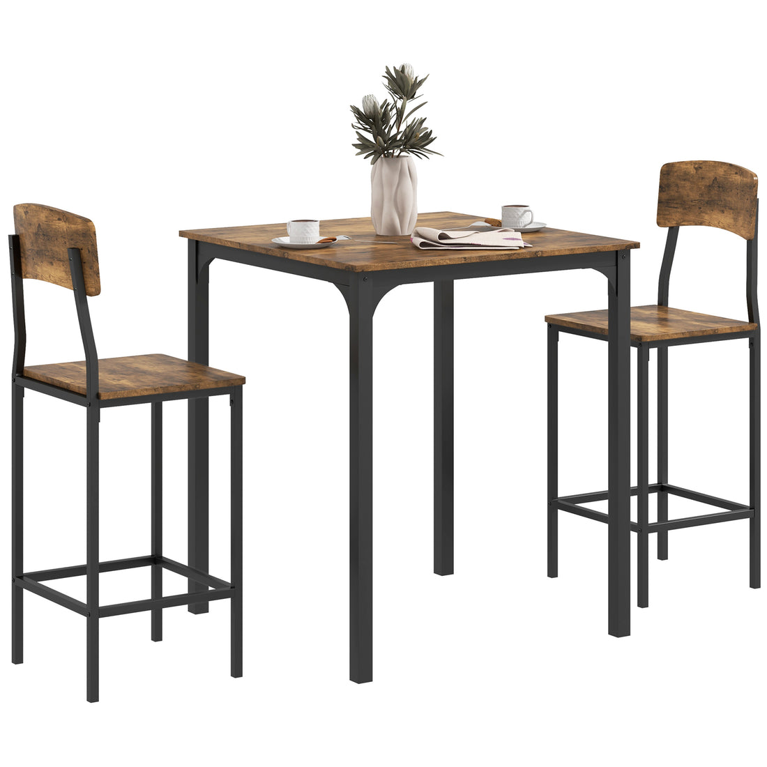 Homcom 3 Piece Counter Height Bar Table And Chairs Set, Industrial Small Dining Table Set For 2, Square Kitchen Table And Stools With Steel Frame, Rustic Brown And Black Brown Black Steel