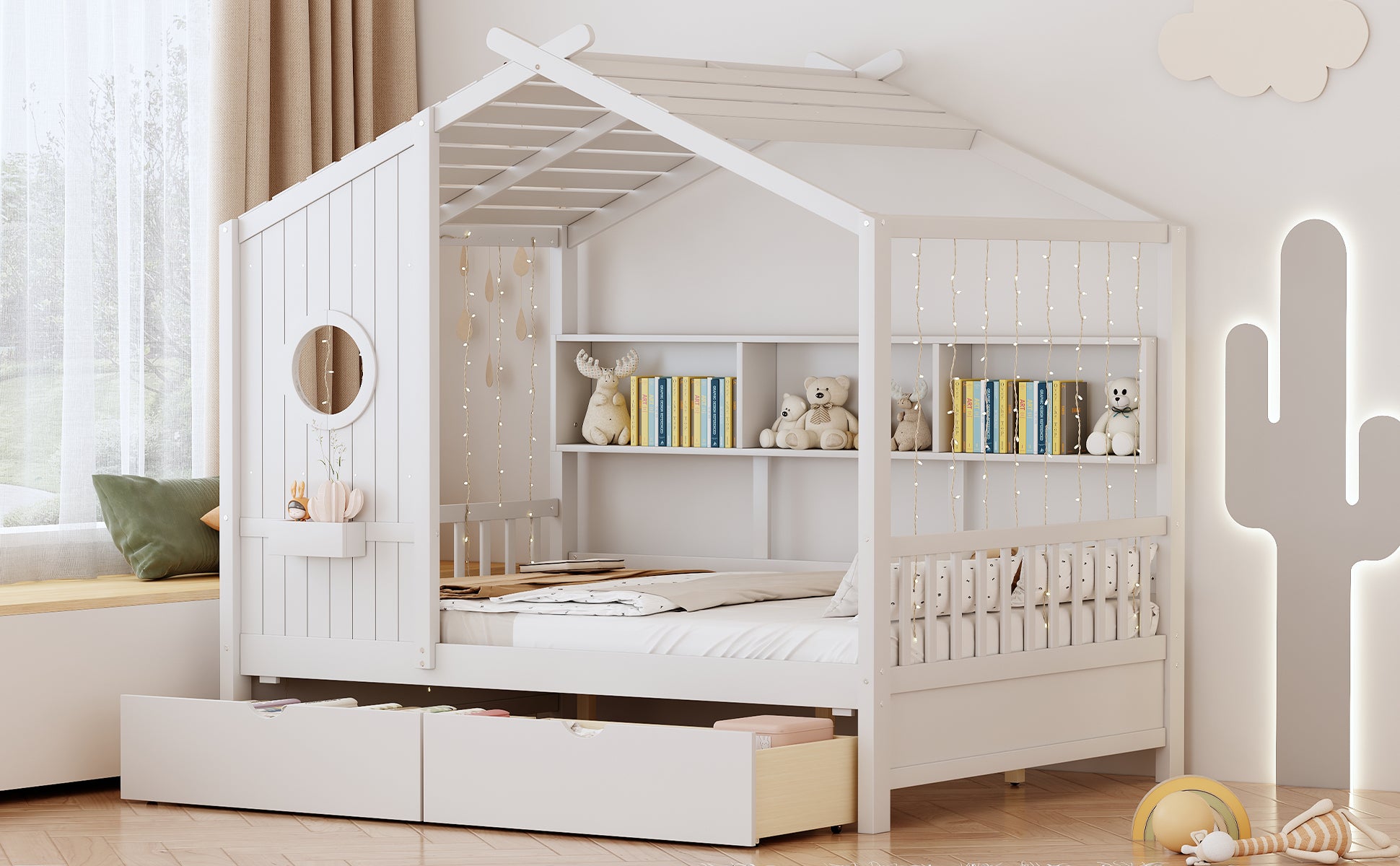 Wooden Full Size House Bed With 2 Drawers,Kids Bed With Storage Shelf, White Full White Solid Wood