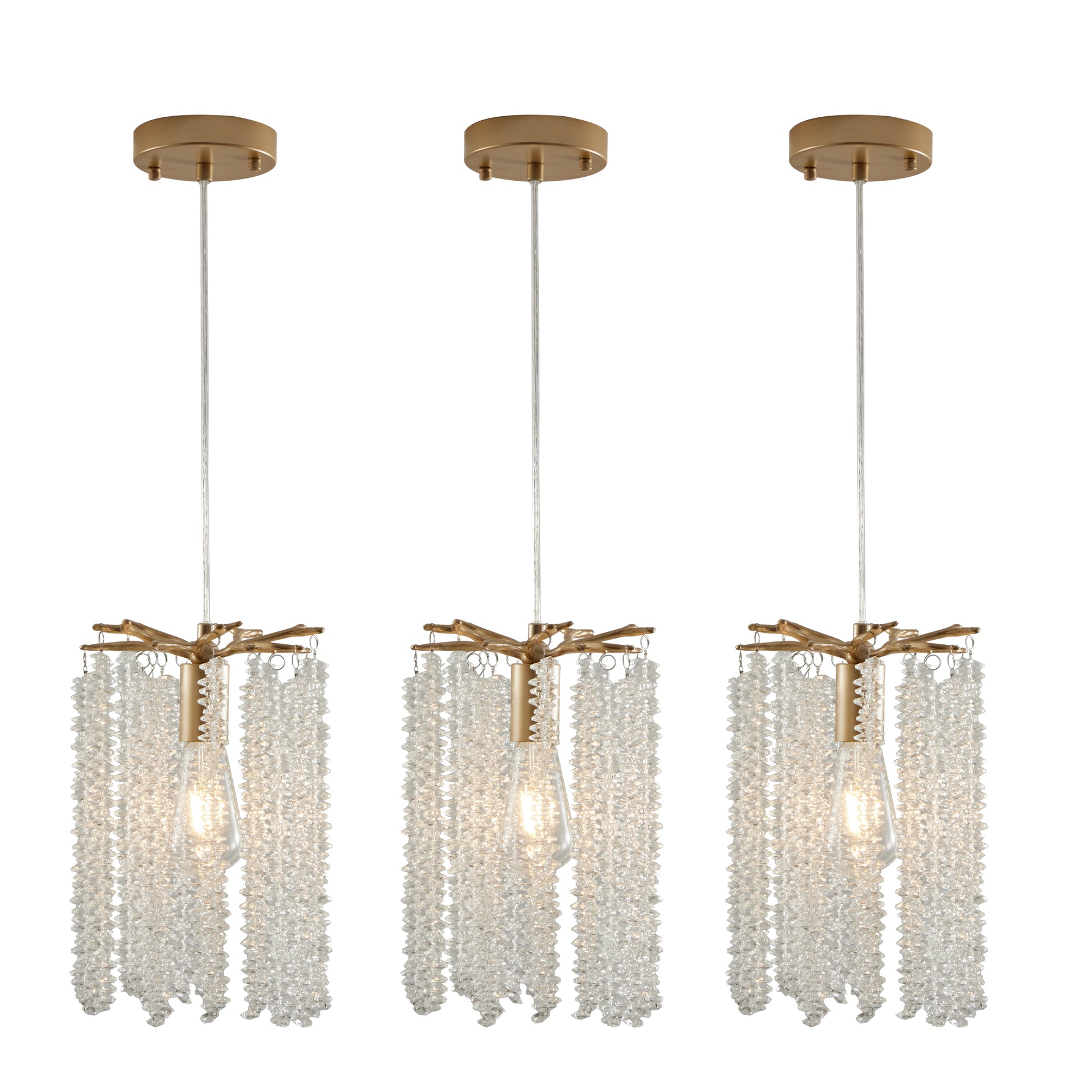 Luxury 3 Pack Crystal Pendant Lights, Elegant Golden Finish Chandelier With Waterfall Bead Design No Bulbs Golden Crystal,Iron