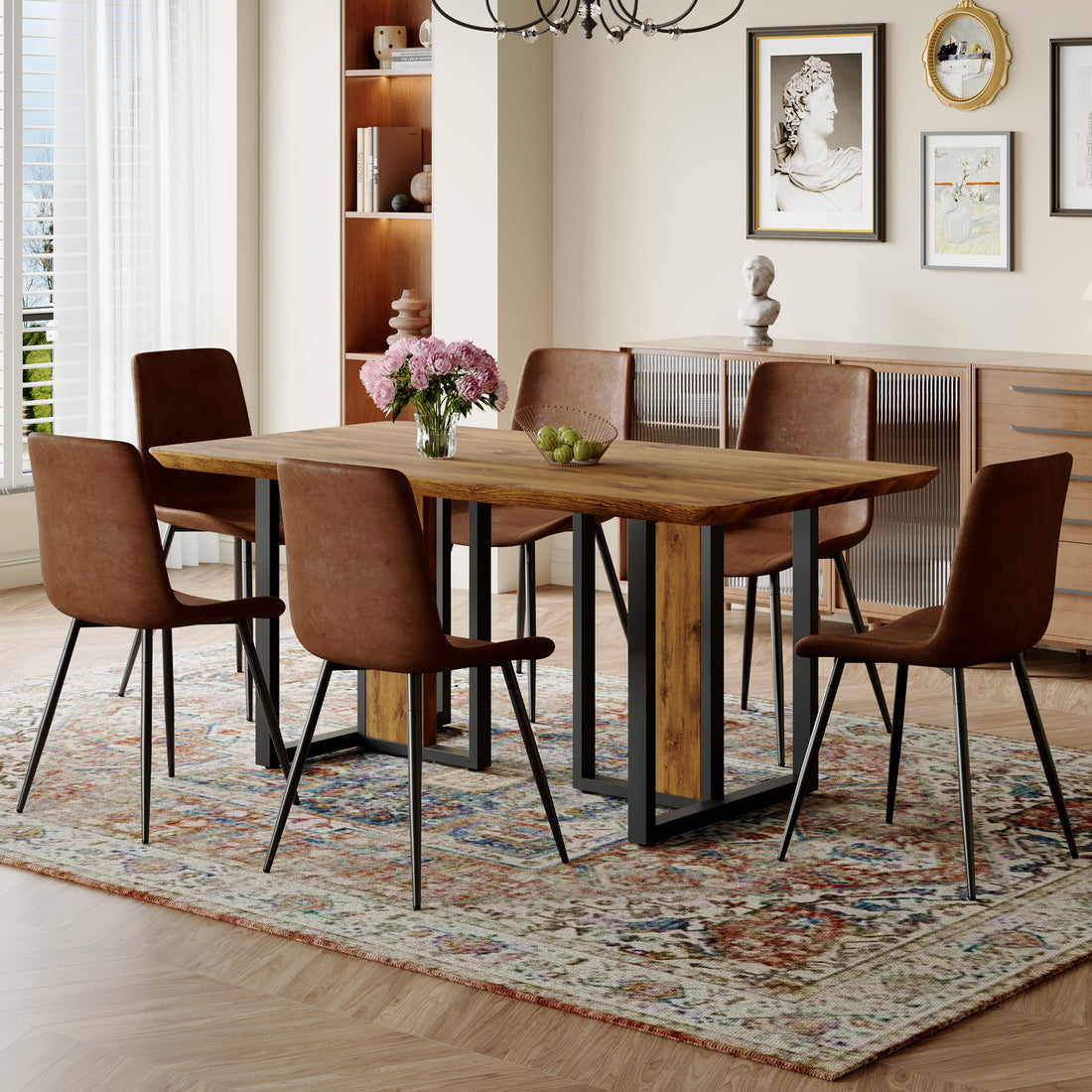 Table And Chair Set.67"X36" Wood Textured Mdf Dining Table Set With 6 Brown Suede Chairs.Mdf Sticker,Wood Colored Texture Sticker,Brown Armless Dining Chair,Suitable For Kitchen,Dining Room,Etc.