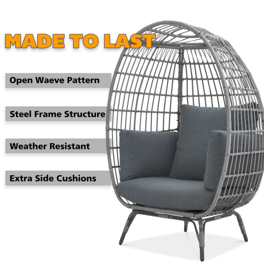 Large Outdoor Egg Chair, Indoor Patio Wicker Basket Chair With Cushion, Rattan Egg Chairs For Bedroom, Outside, Balcony,Grey Grey Pe Rattan Iron