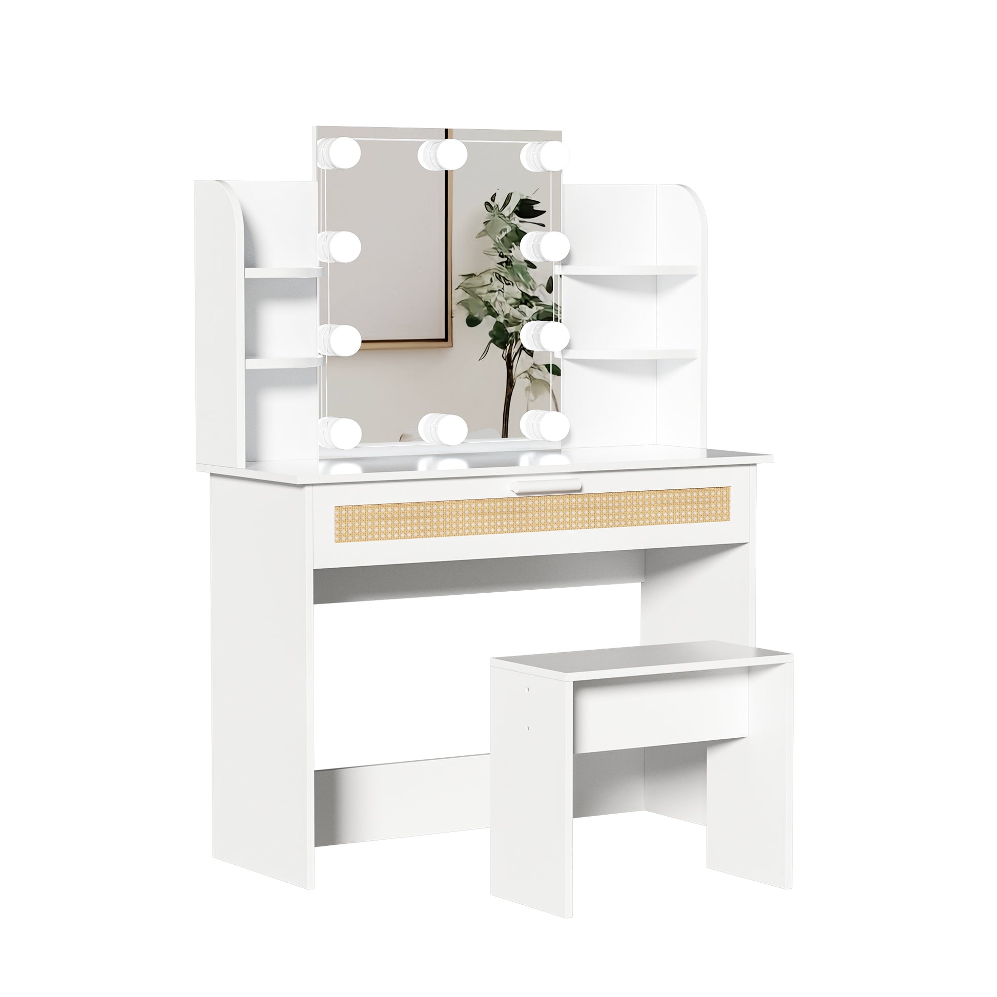 Vanity Desk Set Stool & Dressing Table With Led Lighting Mirror Drawer And Compartments Modern Wood Cosmetic Table Chest Of Drawers White Color Gloss White White 1 Drawer Bedroom Wood