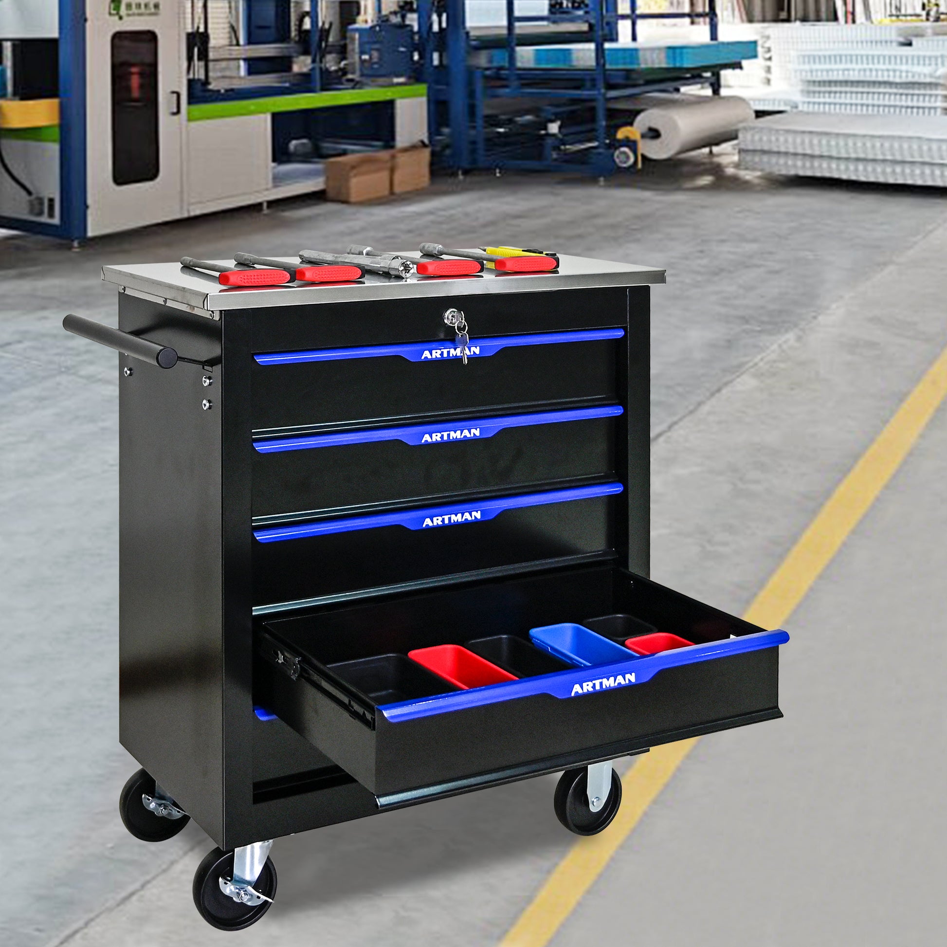 5 Drawers Multifunctional Tool Cart With Wheels Black Blue Black Blue Metal