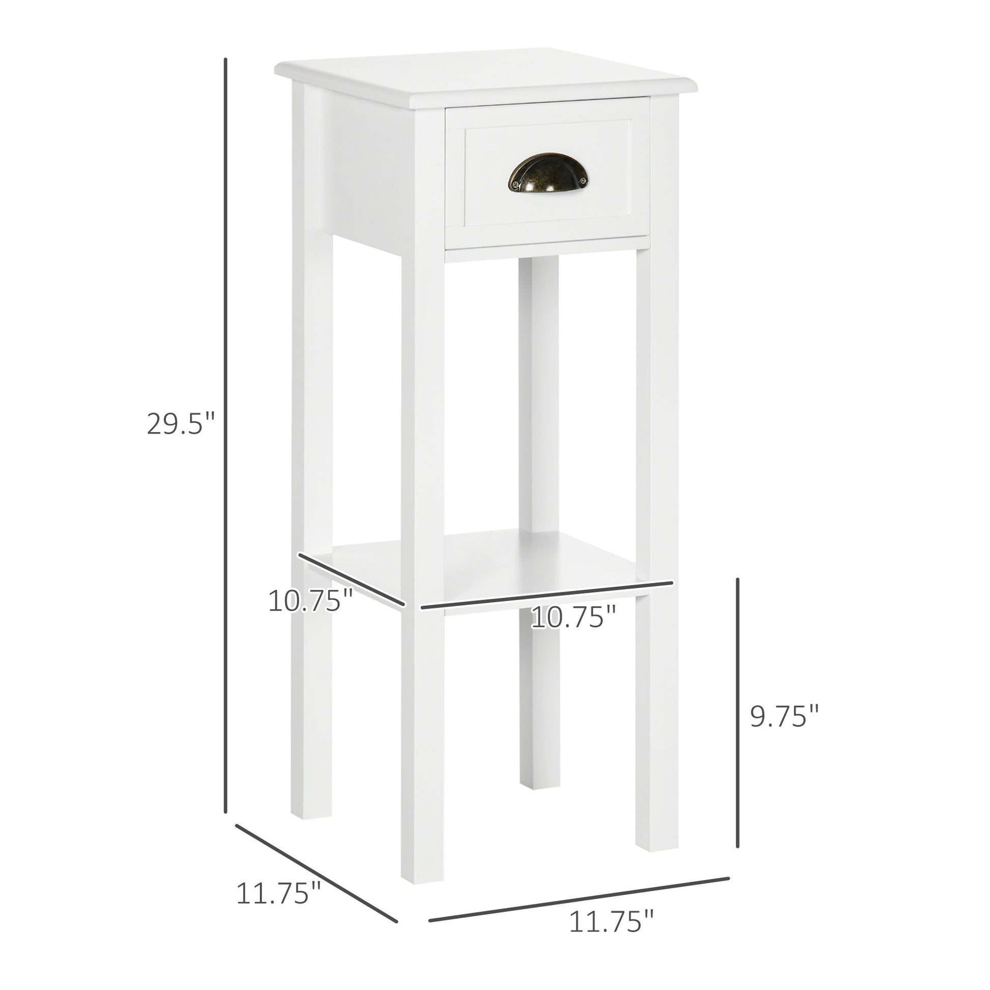 Homcom 2 Tier Side Table With Drawer, Narrow End Table With Bottom Shelf, For Living Room Or Bedroom, White White Mdf