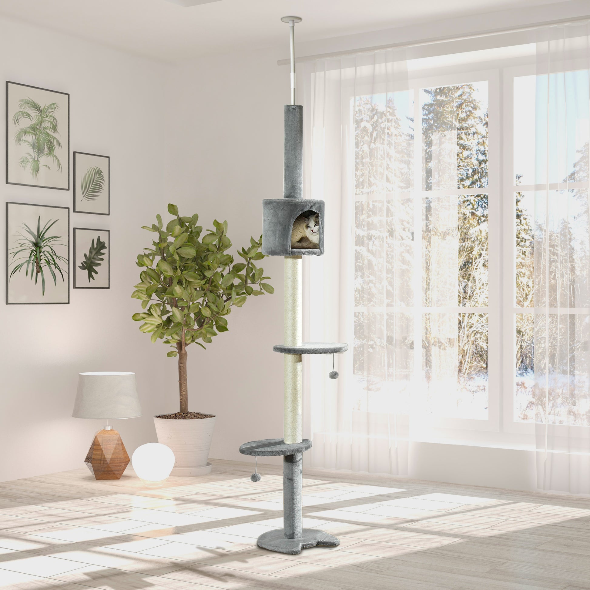 Pawhut 85.5" Cat Tree Height Adjustable Floor To Ceiling 4 Tier Kitty Climbing Activity Center Condo Cat Toy With Scratching Post Hanging Balls Play Rest Post Pet Furniture Grey Light Grey Particle Board