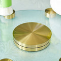 Double Layer Rotatable Round Glass.Golden Aluminum Plate,The Rotatable Design Makes It Convenient To Retrieve And Place Items.The Upper Glass Has A Diameter Of 20 Inches,The Lower Glass15 Inches.