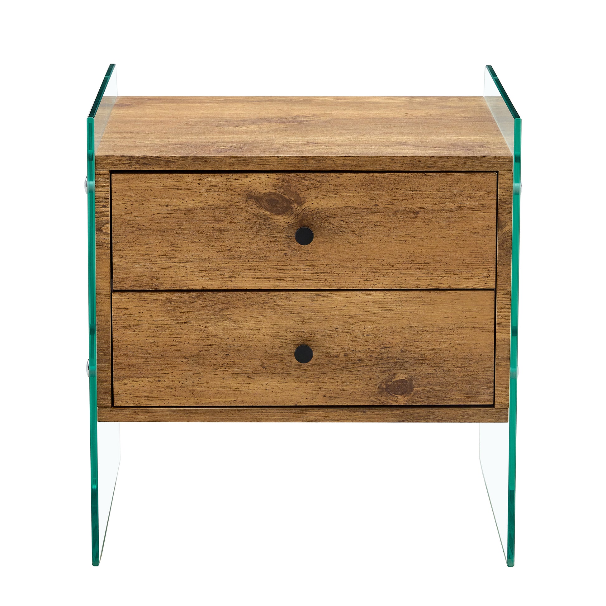 Double Drawer Bedside Table. The Board Surface Is Mdf Sticker, And Both Sides Are Transparent Tempered Glass. The Design Is Simple And Elegant, With Excellent Storage Functions. Wood 2 Drawers Mdf Glass