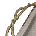 16 Inch Rectangular Decorative Tray, Branch Design Handles, Silver, Gold Silver Aluminium