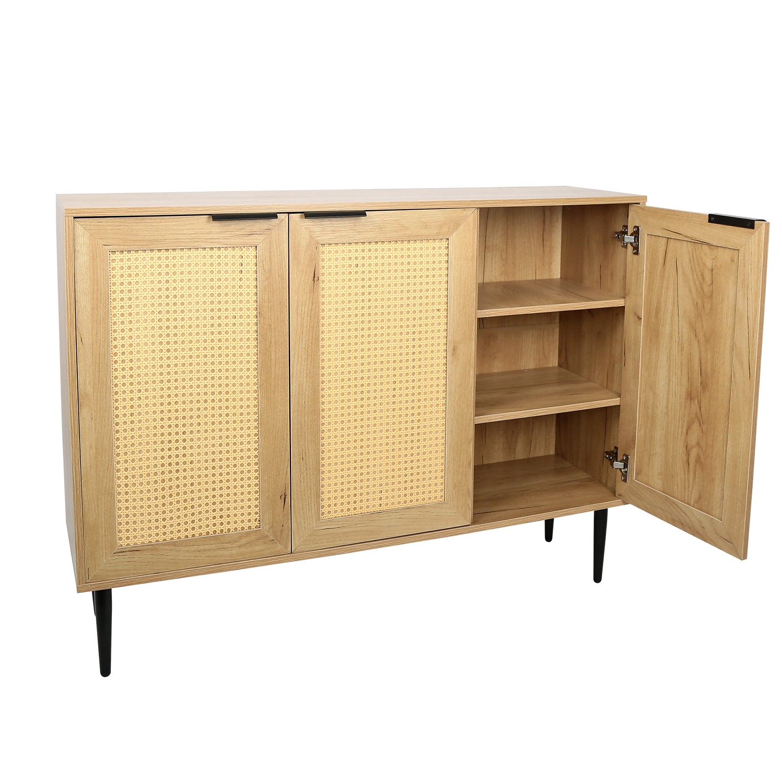 47.24 '' Wide Elegant Kitchen Buffet Storage Cabinet With 3 Rattan Doors For Bedroom Living Room Kitchen Cupboard Wooden Furniture With 3 Tier Shelving ,Natural Color Natural Particle Board