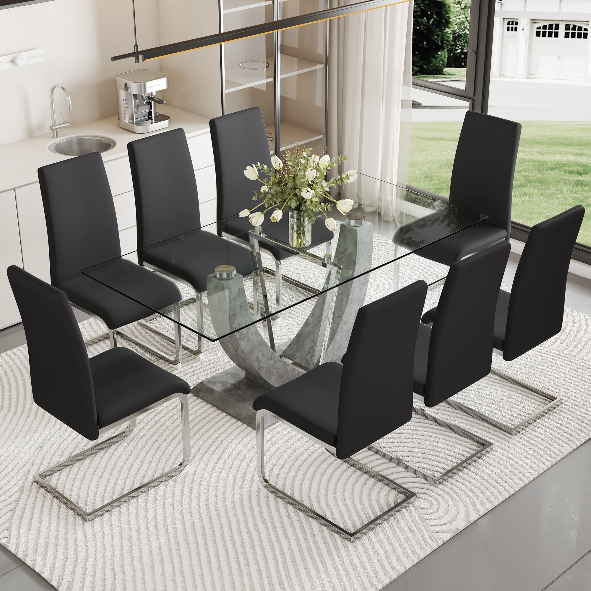 1 Table And 8 Chairs Set.Large Rectangular Table, Equipped With 0.39 Inch Tempered Glass Table Top And Mdf Table Legs.Paired With 8 Chairs With Faux Leather Padded Seats And Metal Legs.F 907,Dx 2268 Transparent Mdf Glass