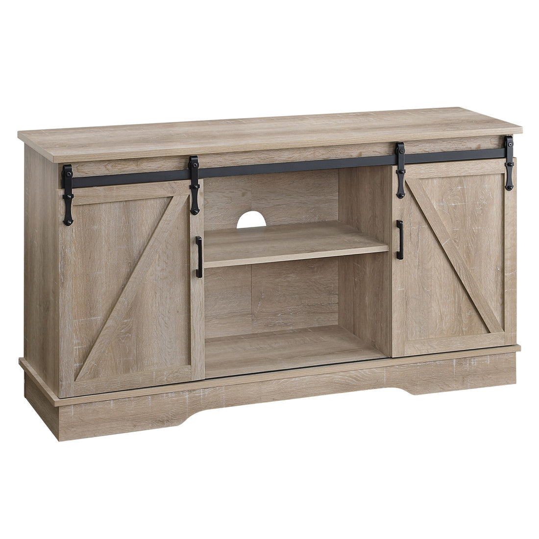 Oak Tv Stand With 2 Sliding Barn Doors Oak Primary Living Space 60 69 Inches Rustic Wood Metal