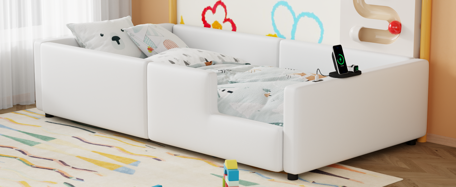 Twin Size Upholstered Platform Bed With Guardrail And Charging Station, White Box Spring Not Required Twin White Upholstered