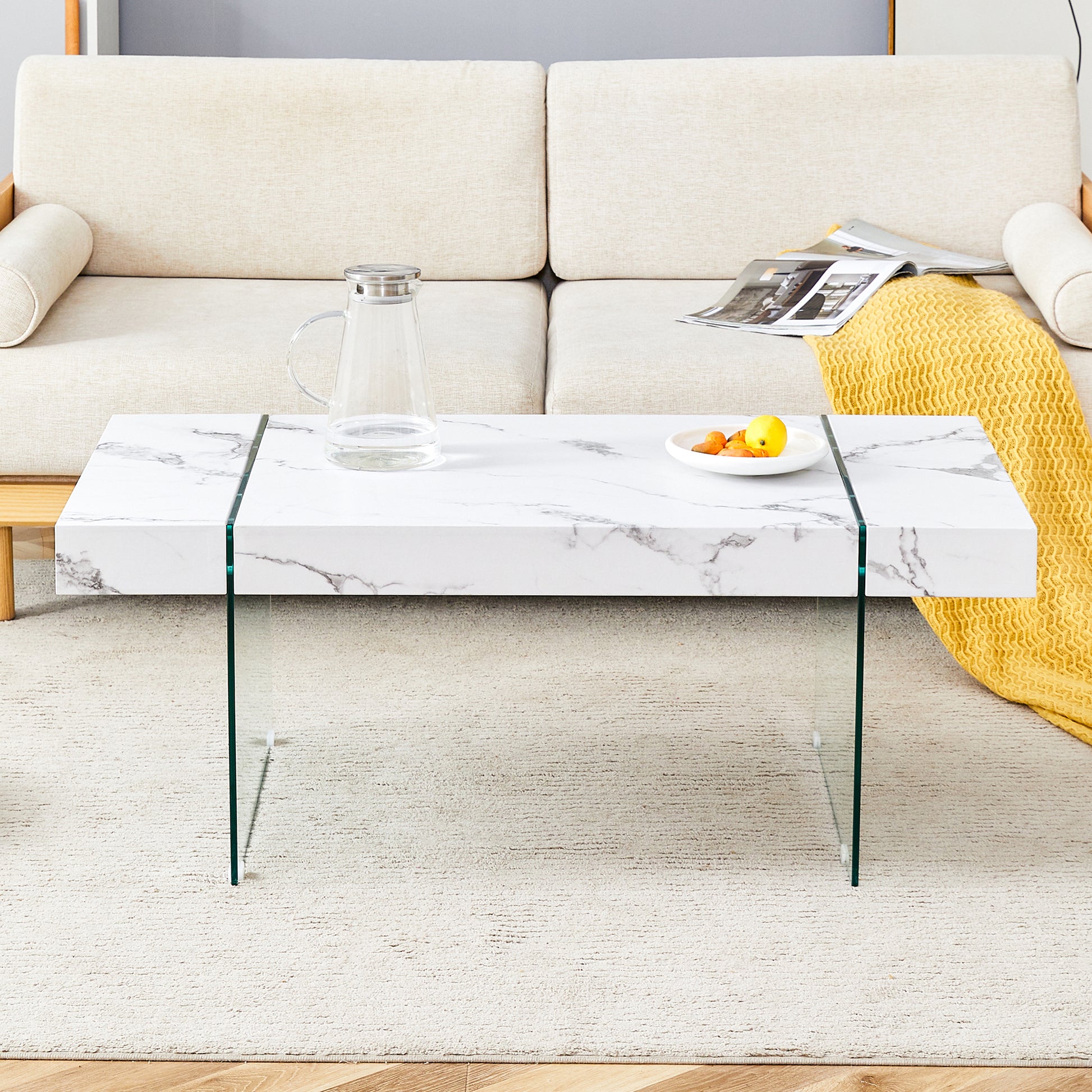 43.3"X23.6" White Marble Patterned Mdf Coffee Table With Tempered Glass Legs.Suitable For Living Room.It Can Be Used Not Only As A Coffee Table But Also As A Side Table Or Display Stand.