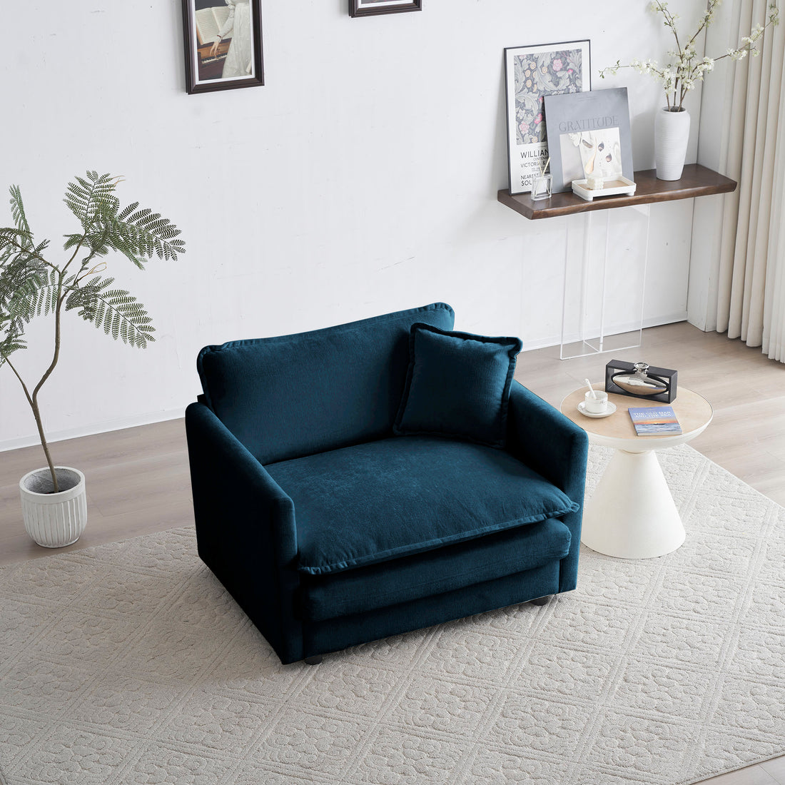 Comfy Deep Single Seat Sofa Upholstered Reading Armchair Living Room Chair Blue Chenille Fabric1 Toss Pillow Blue Chenille 1 Seat