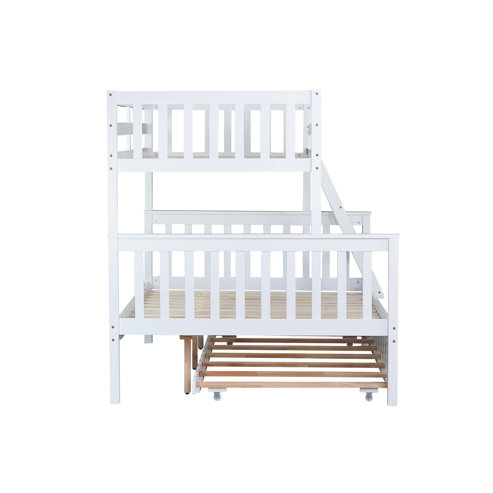 Twin Over Full Rubber Wood Bunk Bed With Trundle, Convertible Ladder And Guardrail, Detachable, Convertible Bed, With Twin Size Trundle ,White Twin White Rubber Wood