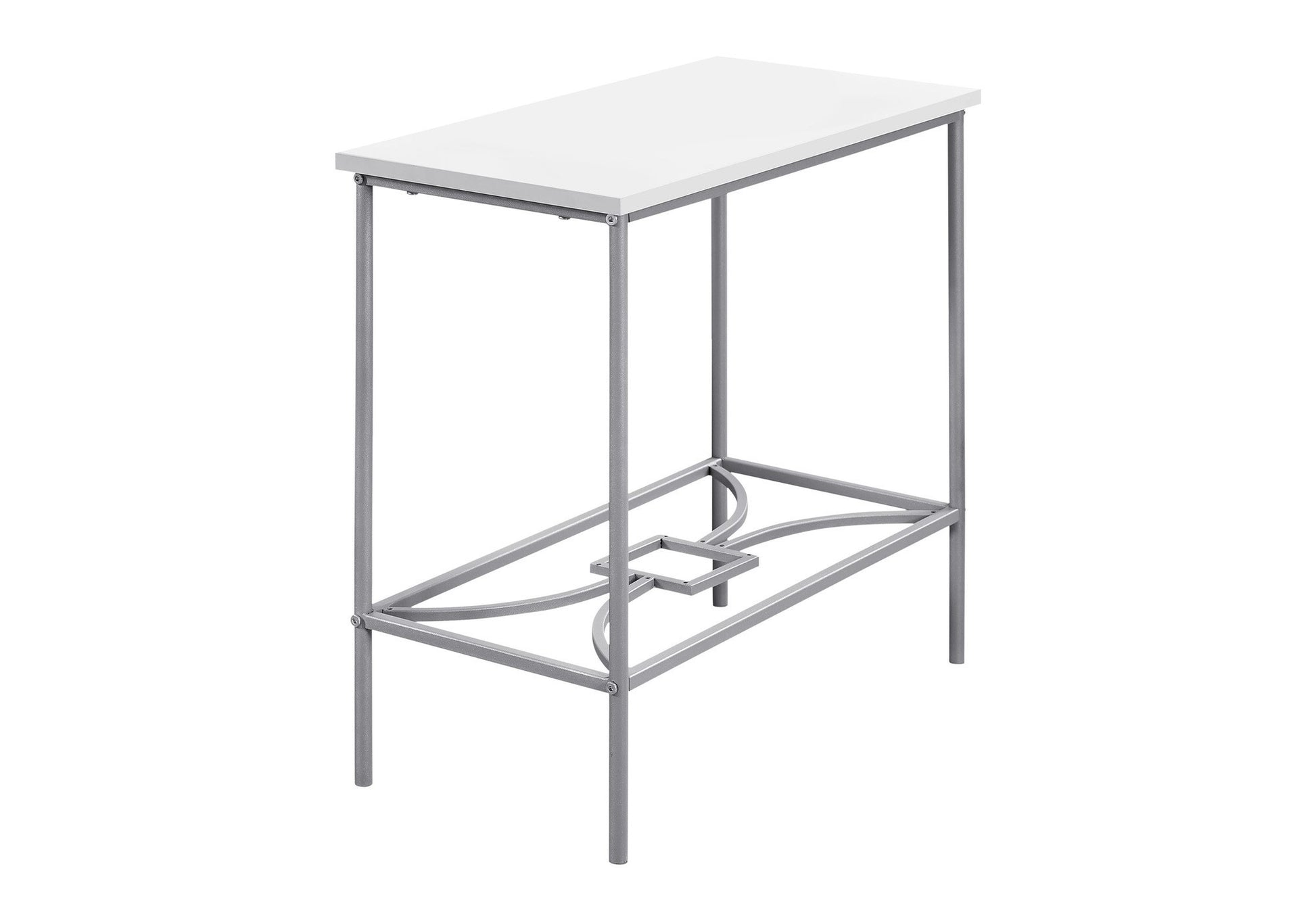 Accent Table, Side, End, Narrow, Small, 2 Tier, Living Room, Bedroom, White Laminate, Grey Metal, Contemporary, Modern White Mdf