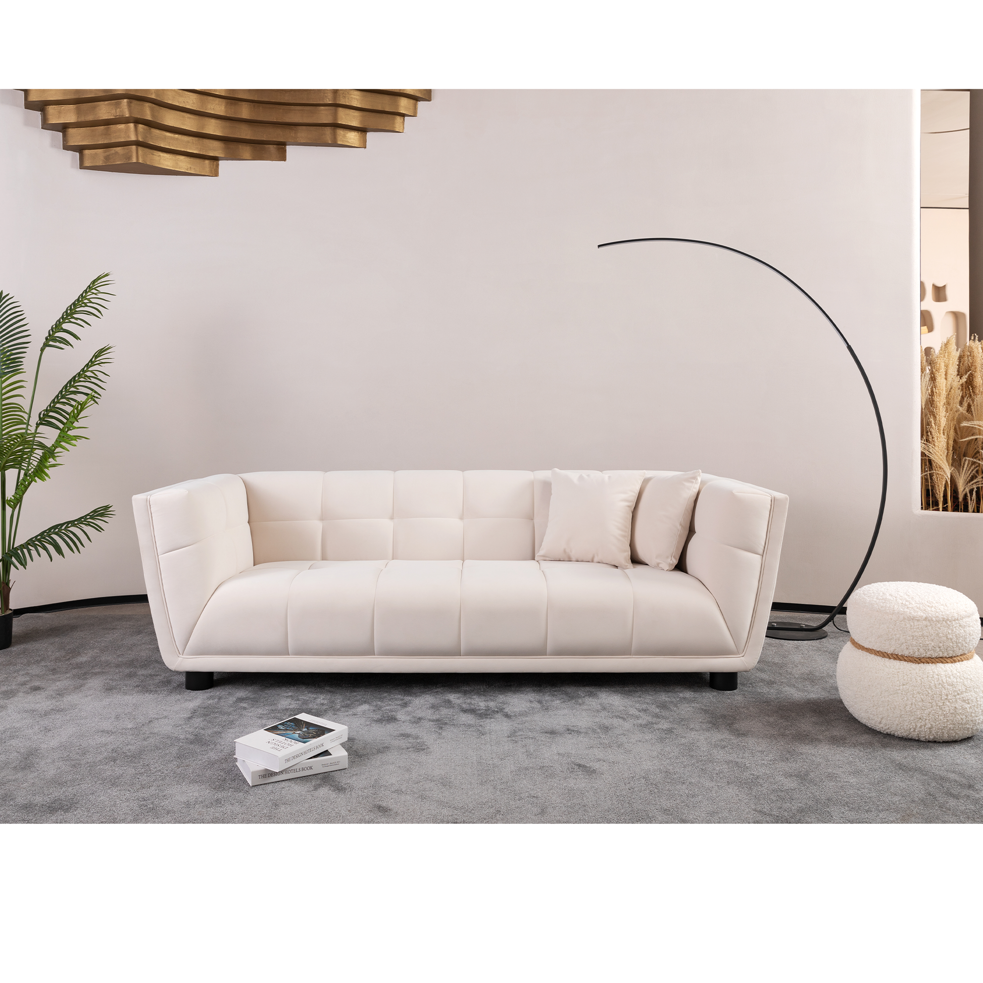 Wks13 Mid Century Modern Style: Simple White Sofa, Small Square Design, Velvet Fabric Texture Smooth, Retro Fashion, Solid Wood Feet, 2 People Design White Retro Fabric 2 Seat