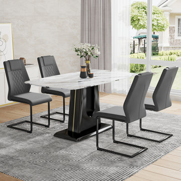 Table And Chair Set, Modern And Minimalist Dining Table, Imitation Marble Patterned Tabletop, Mdf Legs With U Shaped Brackets. Paired With Comfortable Chairs, Suitable For Dining And Living Rooms. Black Mdf Glass
