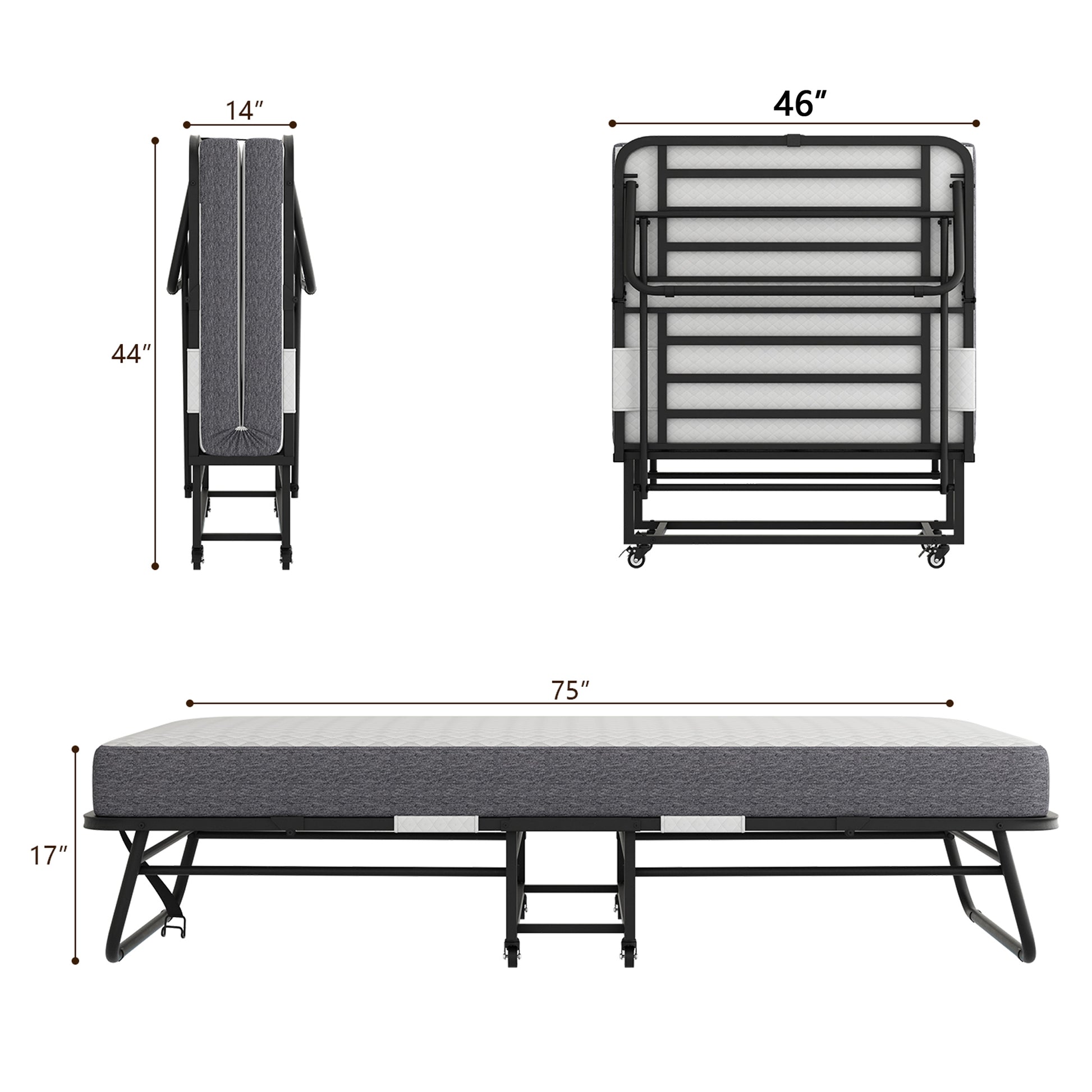 Folding Bed With Mattress 75" X 46" Rollaway Guest Bed Portable Foldable Bed For Adults With 5" Memory Foam Mattress Space Saving Sturdy All Metal Steel Pipe Frame Twin Black Iron Modern Polyester Iron