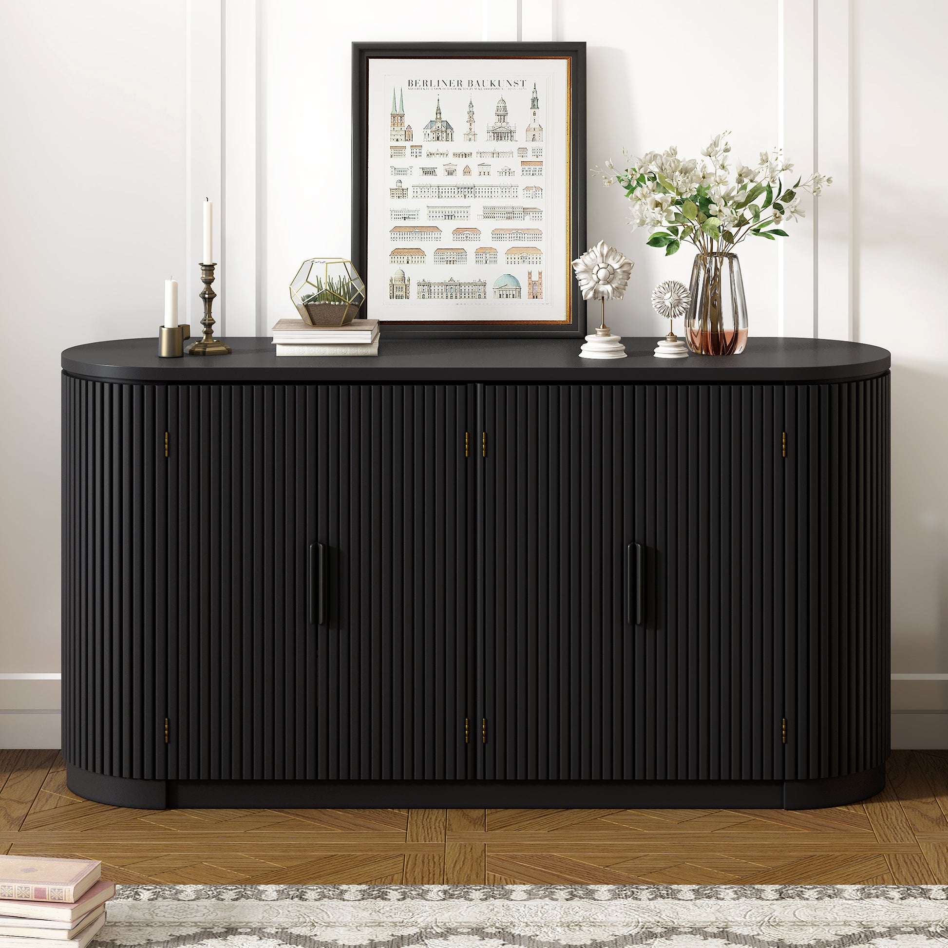 Vertical Striped Door Storage Cabinet With Metal Handles, Adjustable, Suitable For Study, Entryway And Living Room Black Mdf