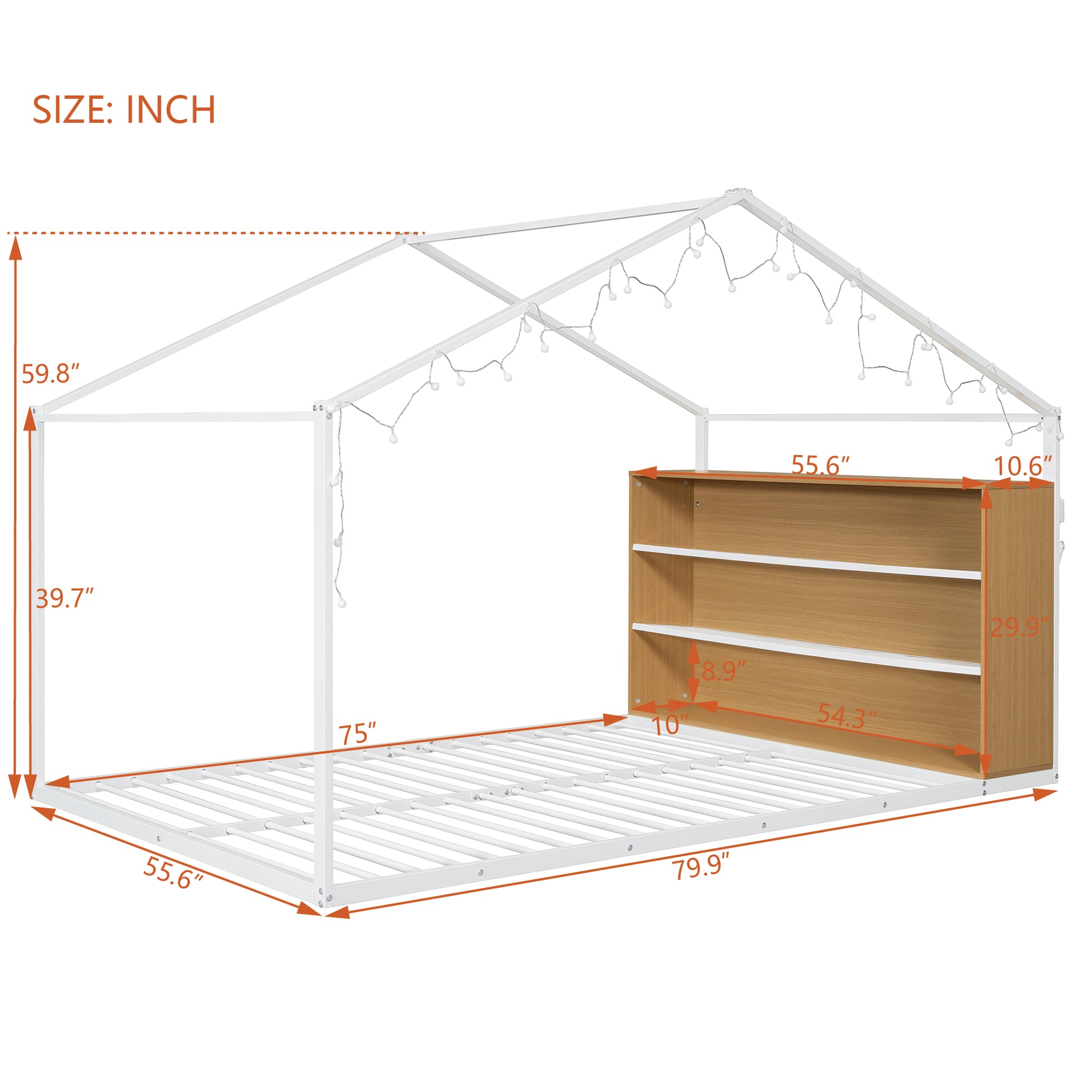 Full Size Metal Bed House Bed Frame With Shelves And Lights, White Full White Metal & Wood