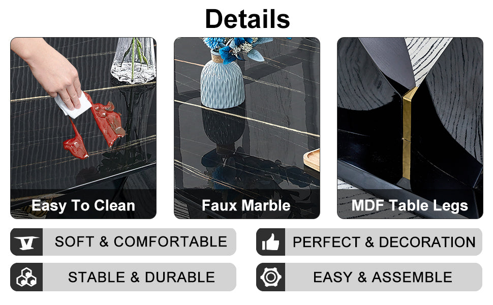 Table And Chair Set,Modern Minimalist Rectangular Dining Table, 0.4 Inch Thick, With A Black Imitation Marble Pattern Glass Desktop And Black Mdf Legs. Comfortable Pu Seats,Perfect For Dinner, Meet Black Seats 4 Mdf Glass