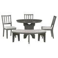 5 Piece Rustic Charm Round Dining Set With 3 Upholstered Chairs And Curved Bench For Dining Room, Kitchen And Living Room Gray Gray Rubber Wood