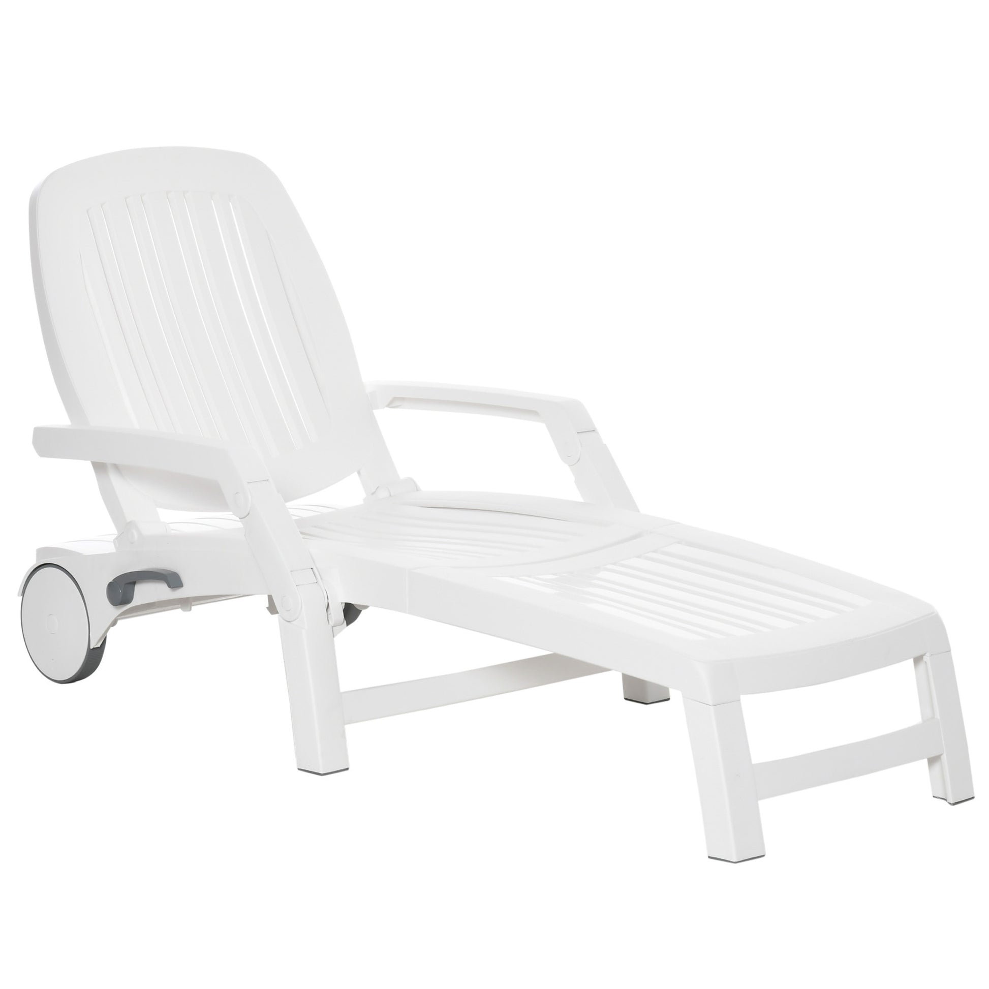 Outsunny Outdoor Chaise Lounge Chair On Wheels With Storage Box, Waterproof Lounger With Quick Assembly, Folding Design, 5 Level Adjustable Backrest For Pool, Beach, Patio, Garden, White White Polypropylene
