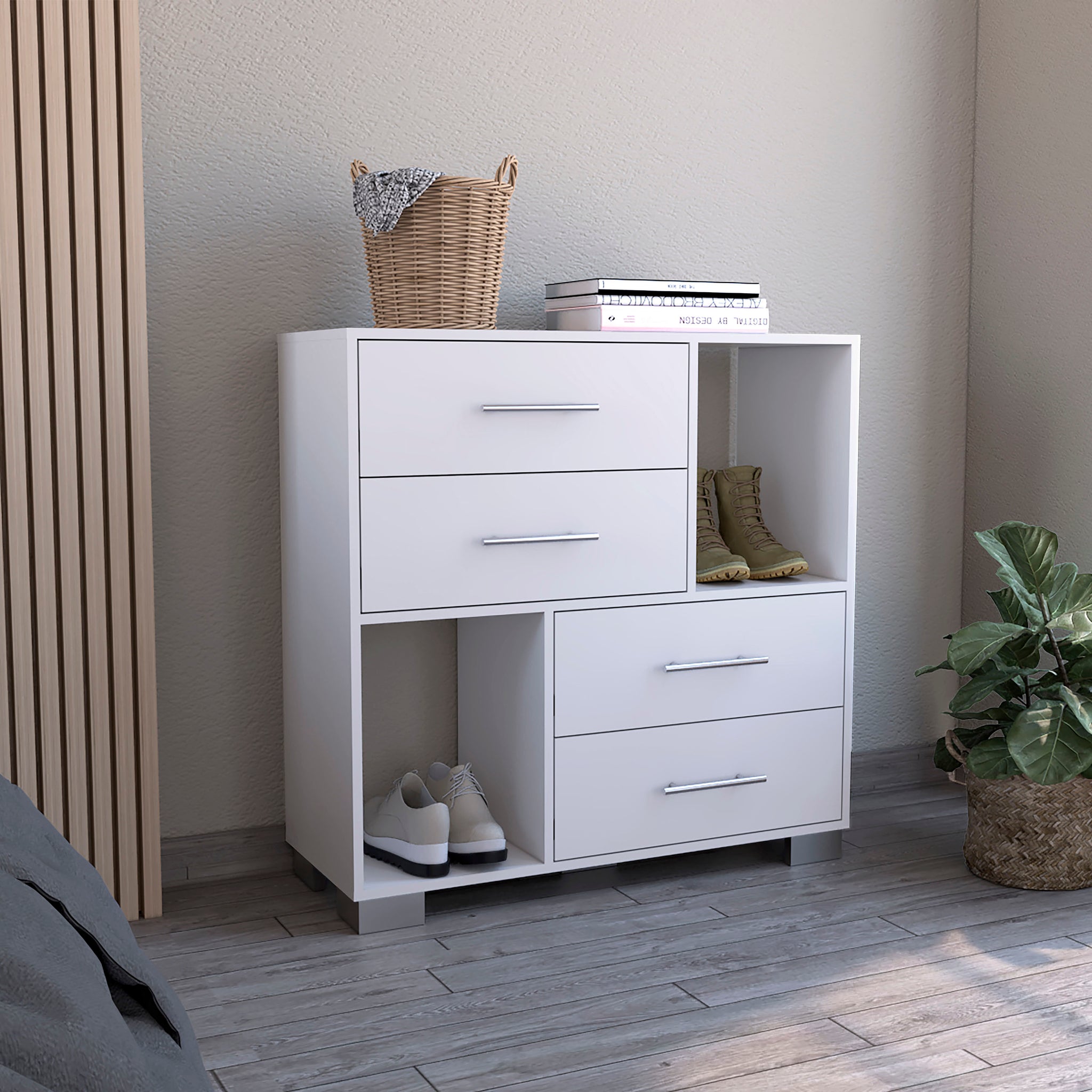 Sunflower Dresser, Four Drawers, Two Open Shelves White Bedroom Contemporary Melamine Engineered Wood