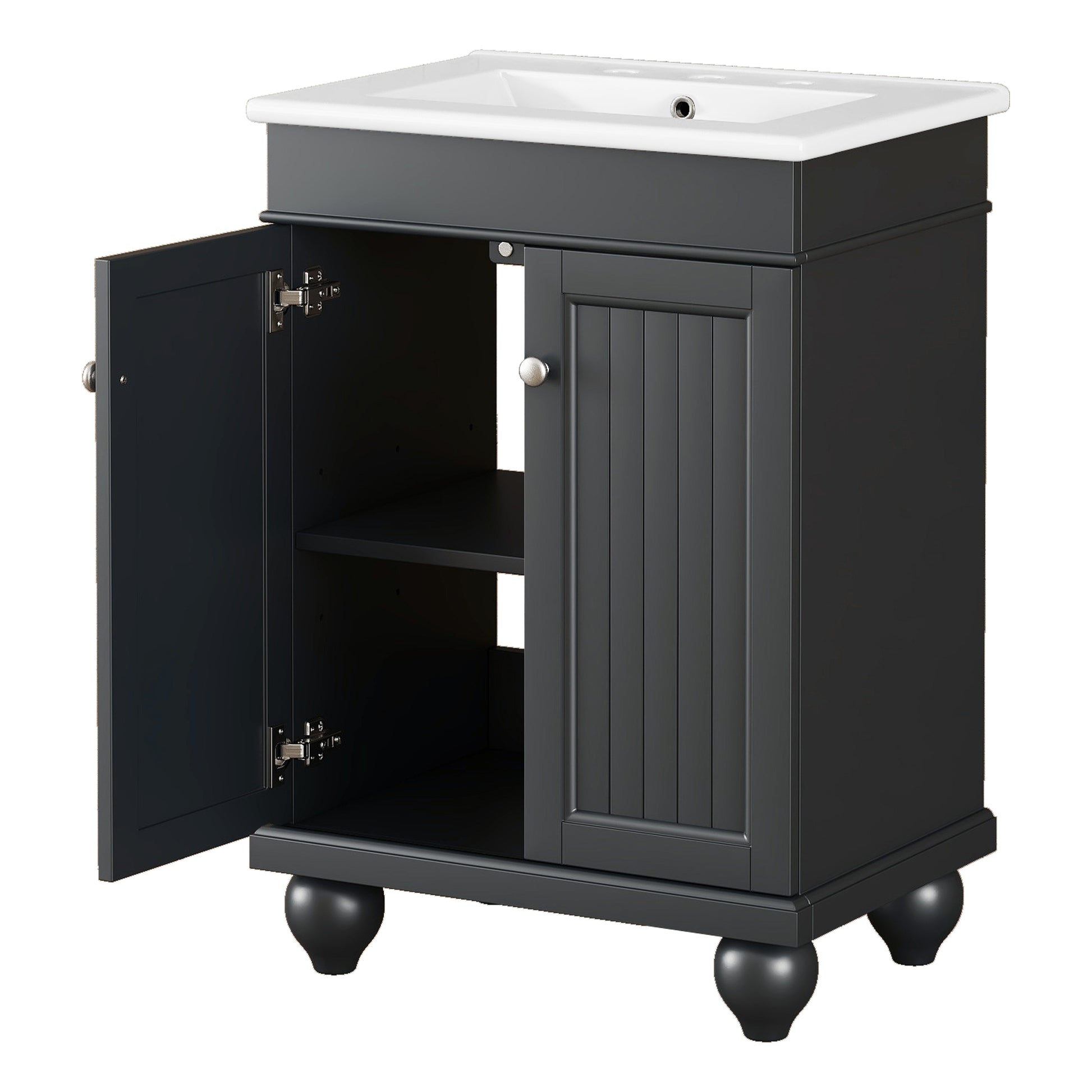 24" Black Modern Sleek Bathroom Vanity Elegant Ceramic Sink With Solid Wood Frame, Adjustable Shelf Black Solid Wood Mdf