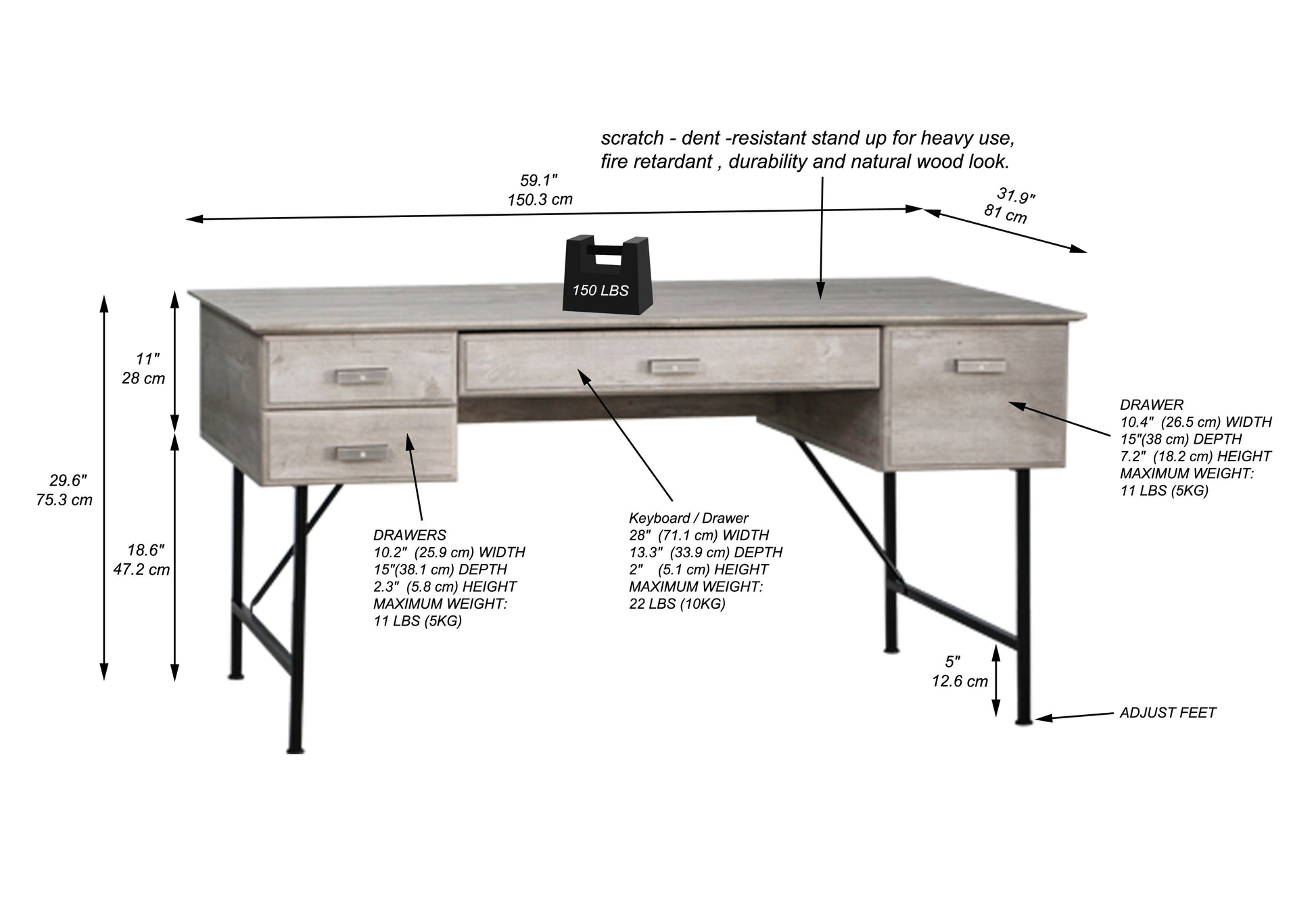 59" Writing Desk "Washed Gray Writing Desk Computer Table With Keyboard Tray, Power Cord Management, And Multiple Drawers For Home Office" Gray Wash Solid Wood